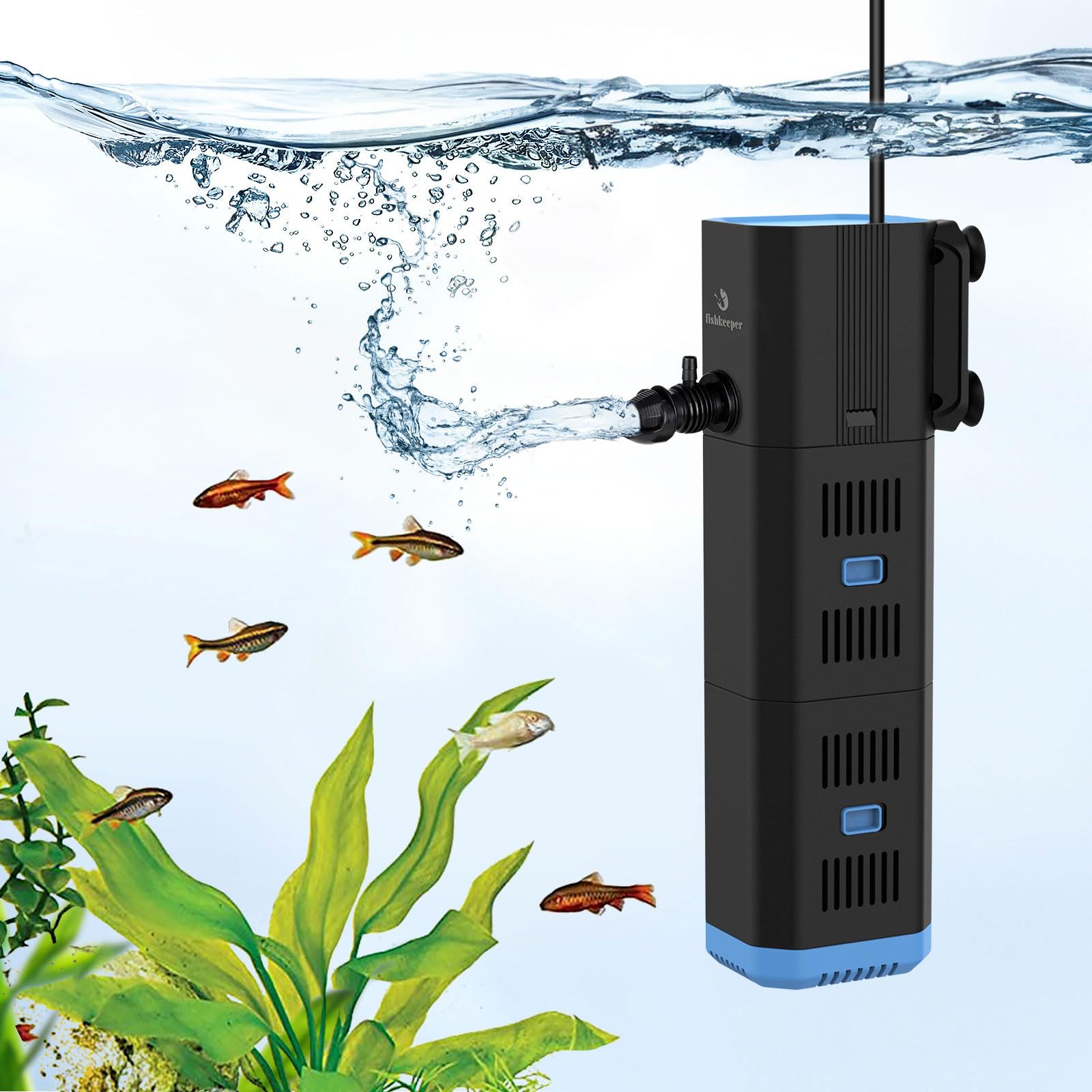 fishkeeper Filtre d'aquarium, Filtre intérieur réglable 500L/H pour Aquariums de 30 à 120 l, Pompe 4 en 1 avec Filtre, oxygène, Machine à Ondes, éponge filtrante (6 W (500 l/h, ≤ 120 L)