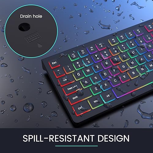 Miniatura 5 de Teclado retroiluminado con cable, teclado de computadora iluminado con soporte ajustable de 8, diseño ergonómico, teclas a prueba de derrames, cable