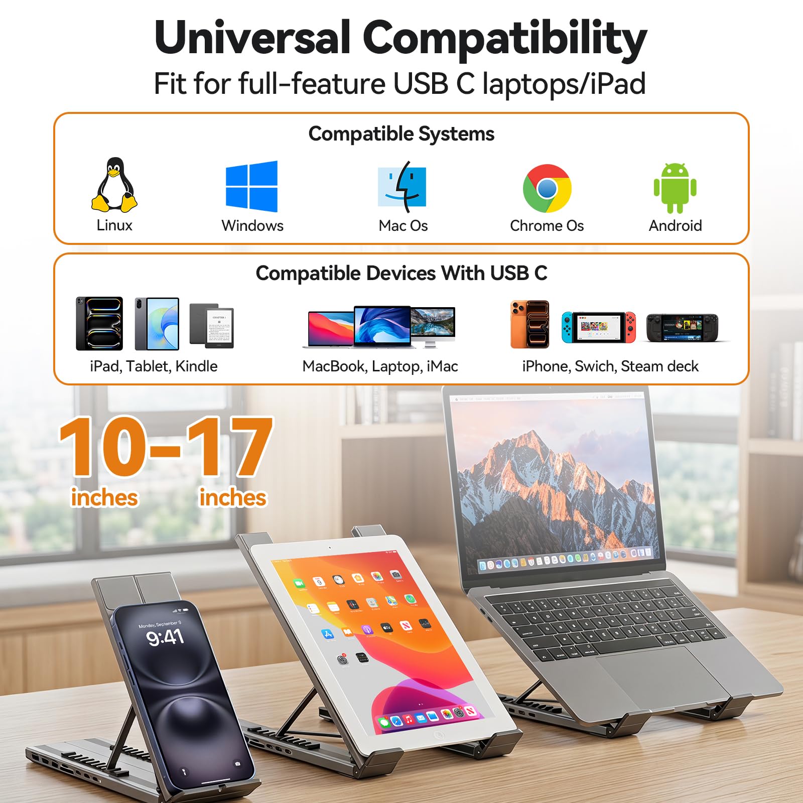 aceyoon Stojak na laptopa 8 w 1 USB C, stacja dokująca z aluminium, 100 W PD USB C Hub Stand z HDMI 4K 30Hz, USB 3.0+Typ-C 5 Gbps, czytnik kart SD/TF, w zestawie kabel USB C 60 cm do MacBooka, Pad i