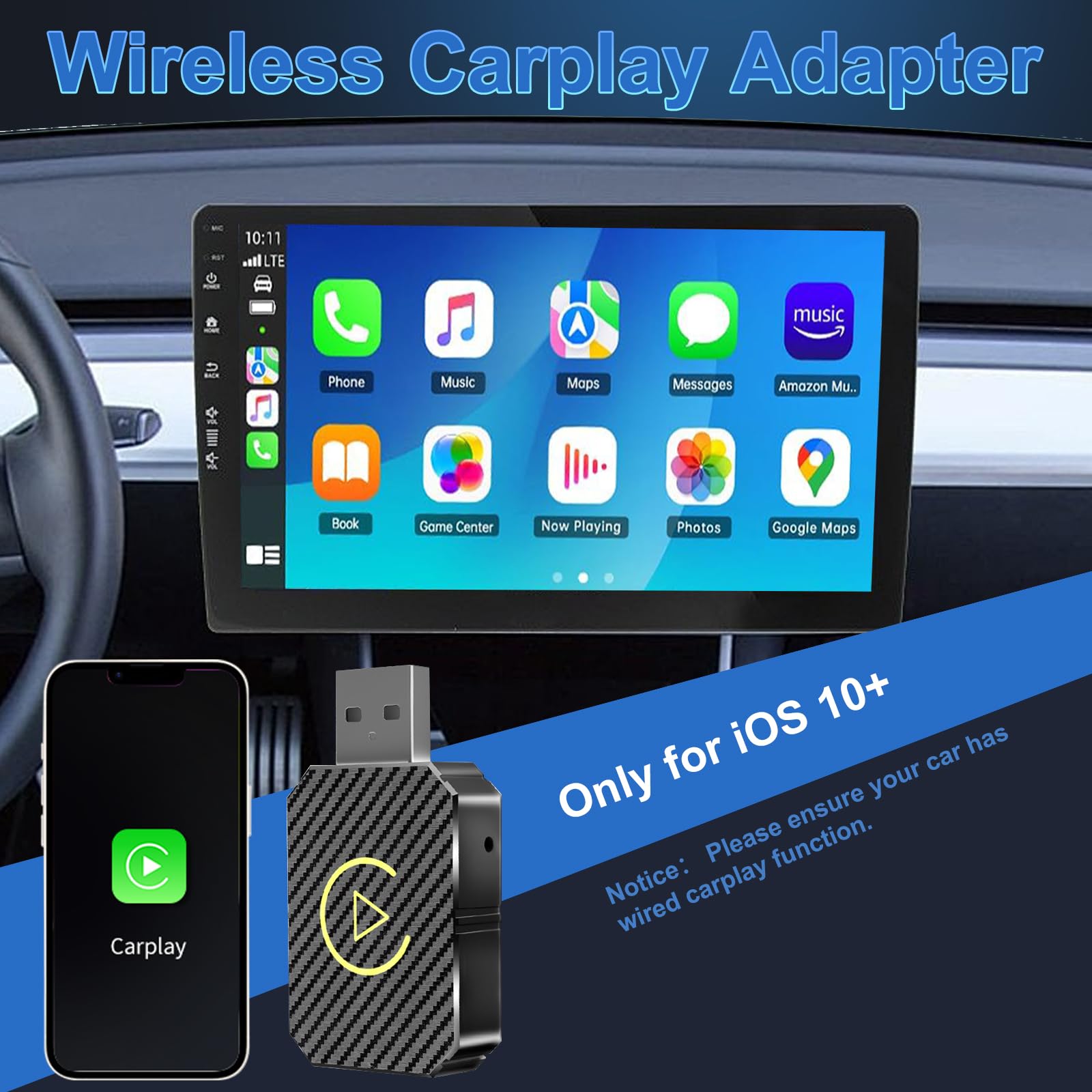 Bezprzewodowy adapter CarPlay, Android Auto Wireless, stabilny, szybki, kompatybilny z iPhone iOS 10+ i Android 11+, do pojazdów z CarPlay