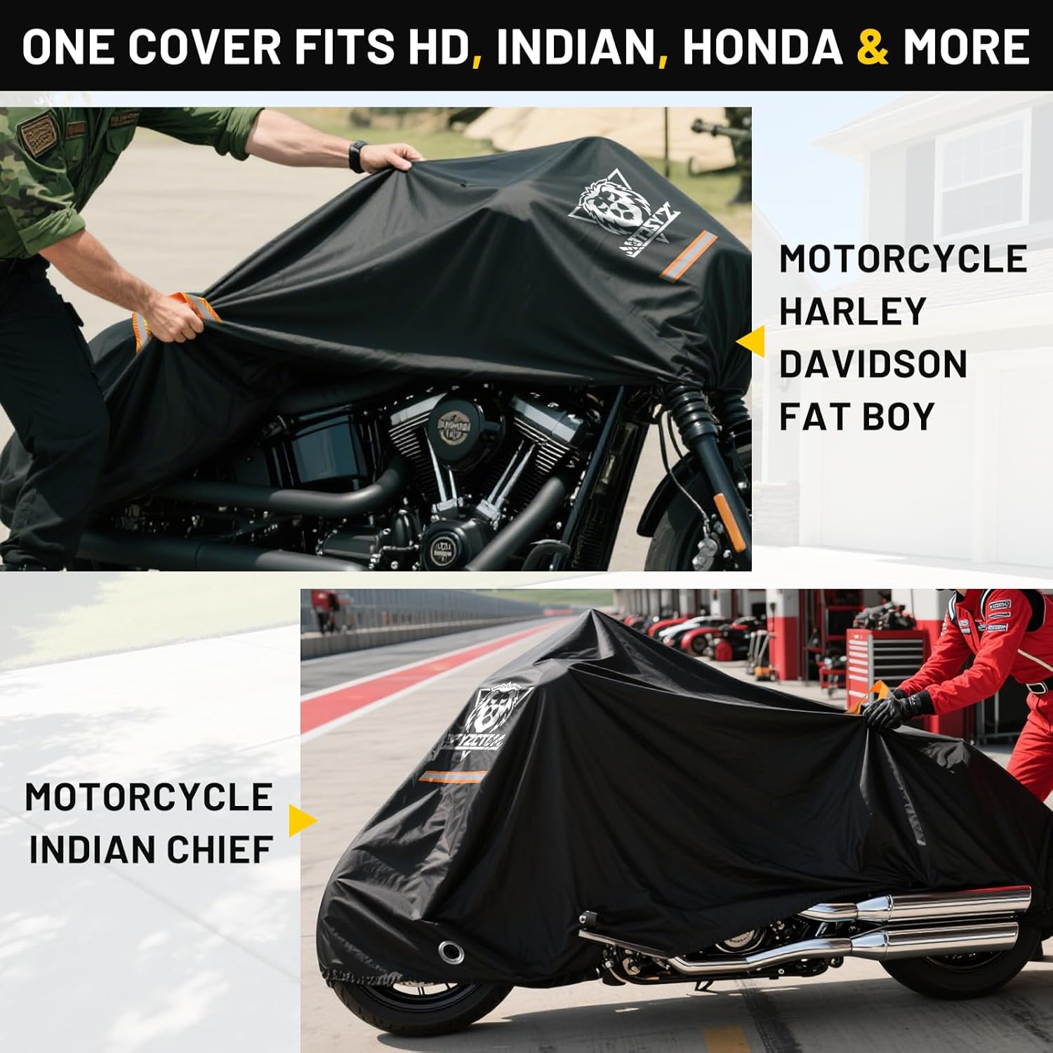 XYZCTEM Motorcycle Cover Waterproof Outdoor All Season Protection Motorcycle Storage Night Reflective Handles with Lock-Holes Storage Bag Fits up to 108" Motorcycle Vehicle Covers, Black