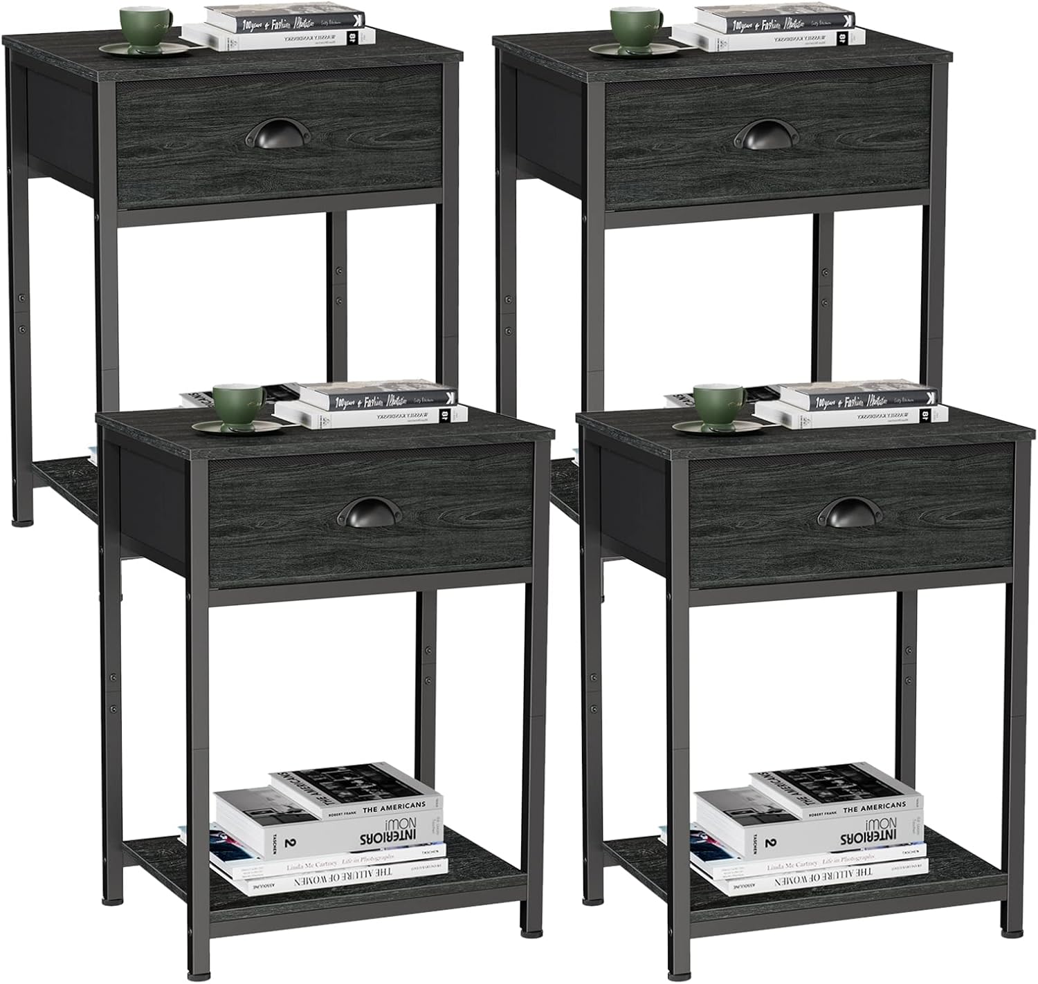 Nightstands Set of 4, Industrial End Table with Fabric Drawer&Storage Shelf, Small Bedside Table Organizer for Small Space, Side Table for Living Room, Tall 23.6" Night Stand for Bedroom, Black Oak