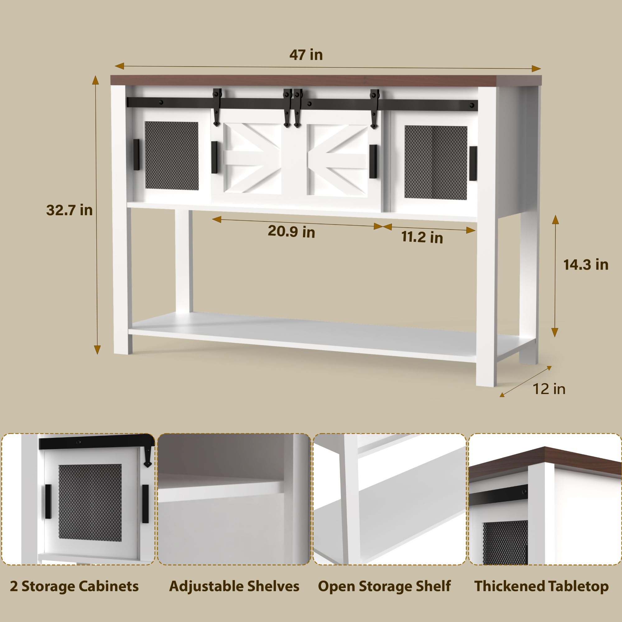 Mesa de entrada con puertas correderas de granero, aparador de almacenamiento de buffet con almacenamiento, mesa consola rústica industrial y rústica con estante para cocina, comedor, sala de estar, 5