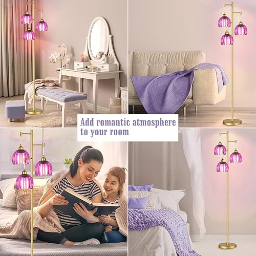 Miniatura 7 de Lámpara de pie dorada para sala de estar, dormitorio, lámpara de pie moderna de 3 luces con forma de lámpara de cristal, lámpara alta de flores,