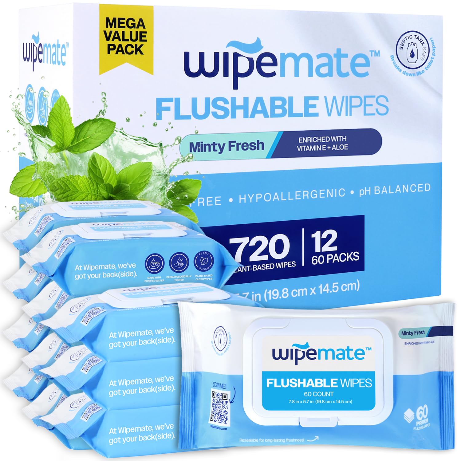 ULTRA Flushable Butt Wipes, Made/w soothing Vitamin E & Aloe, 99% Water, Minty Fresh Premium Super Soft Hygiene Wipes, Septic & Sewer Safe, 12 Premium Flip-Top Packs, 60 Wipes Per Pack 720ct