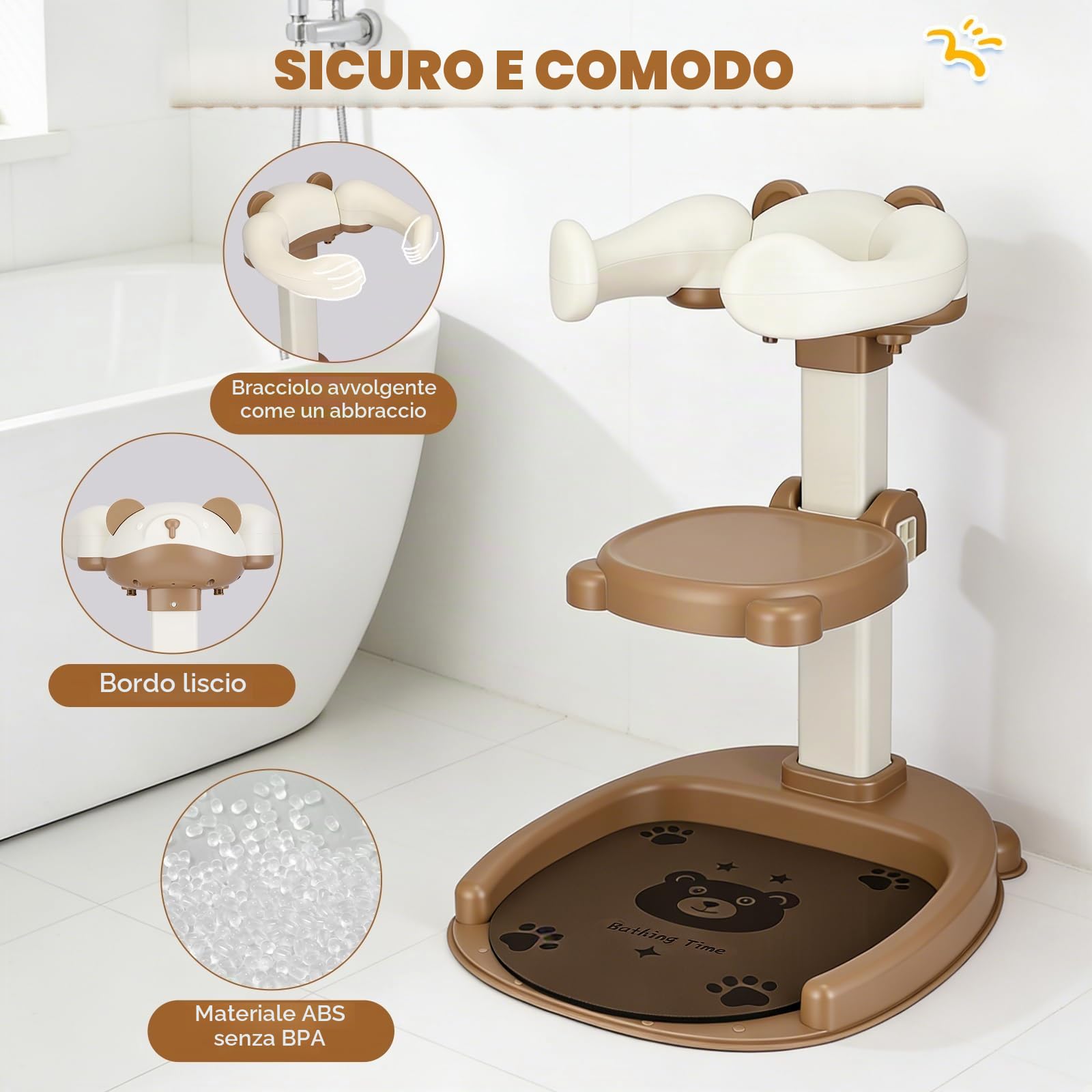 Supporto Doccia Bebè con Seduta, 7 Altezze Regolabili Antiscivolo | ABS senza BPA, seduta rimovibile, supporto doccetta, base antiscivolo, per bambini 6-36 mesi
