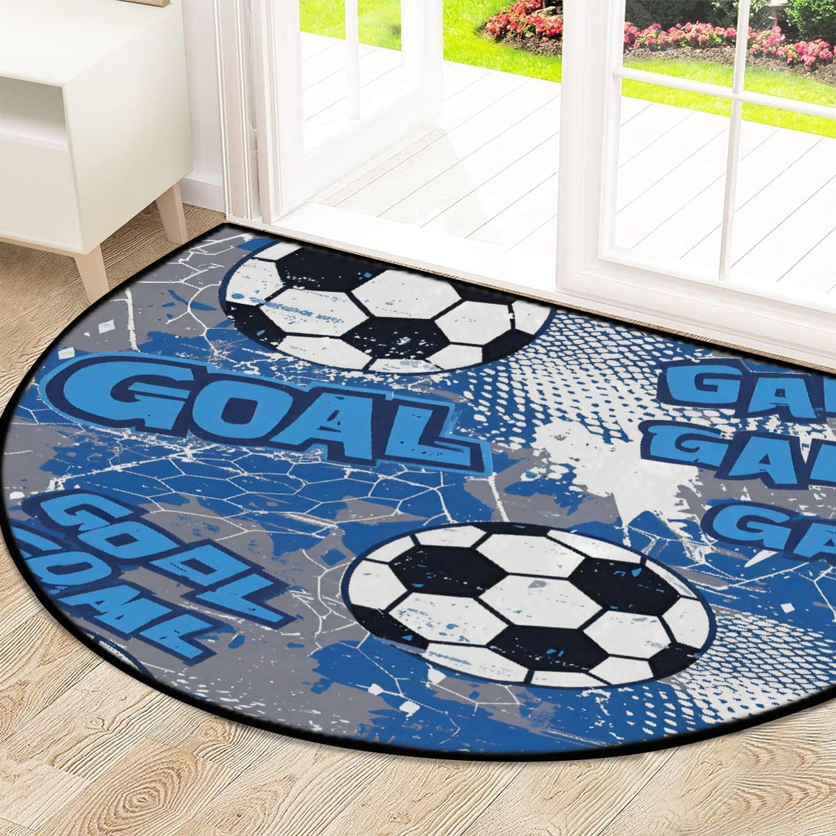 Große halbrunde Fußmatte – Fußballtor blau, rutschfest, saugfähig, halbrund, Eingangsbereich, niedlich, weich, halbrund, waschbar, Teppich für Küche, Badezimmer, Schlafzimmer, 160 x 100 cm