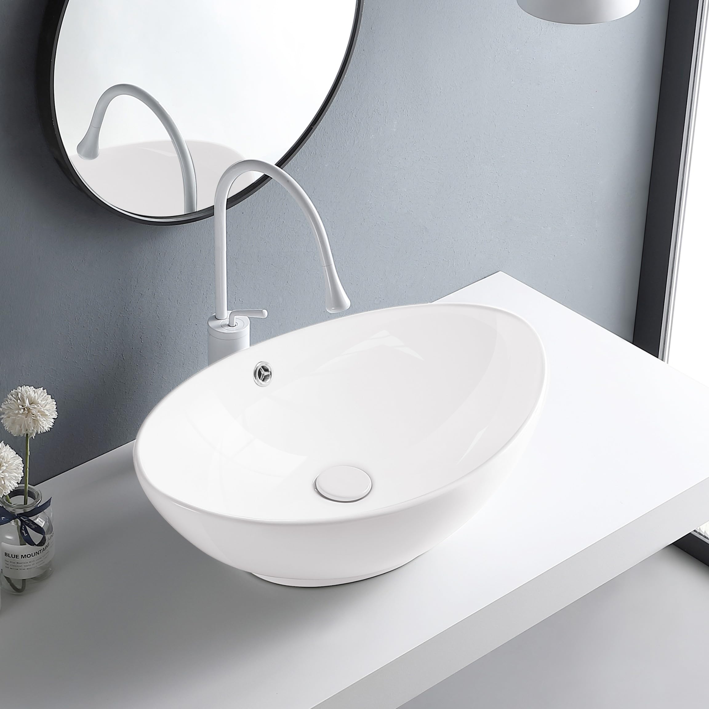 AQUAUNO Lavabo sobre encimera MAYA 59x39 cm Oval cerámica blanca sin orificio para grifo con rebosadero cromado