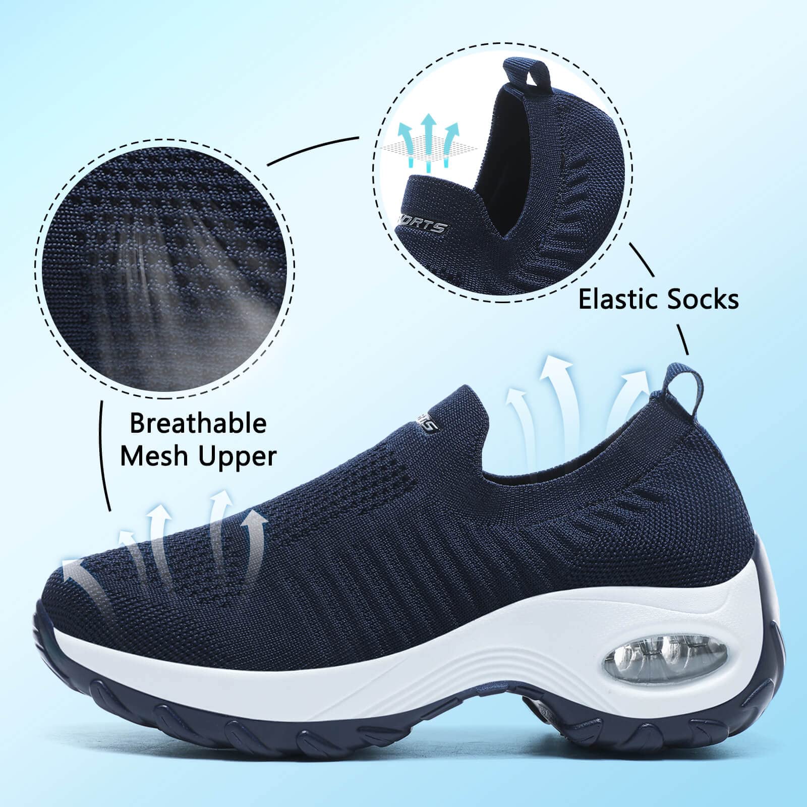 Slip On Turnschuhe Damen Orthopädische Wanderschuhe Atmungsaktive Mesh Sneakers Leichte Lauftraining Schuhe Dicker Boden Luftpolster Keilschuhe