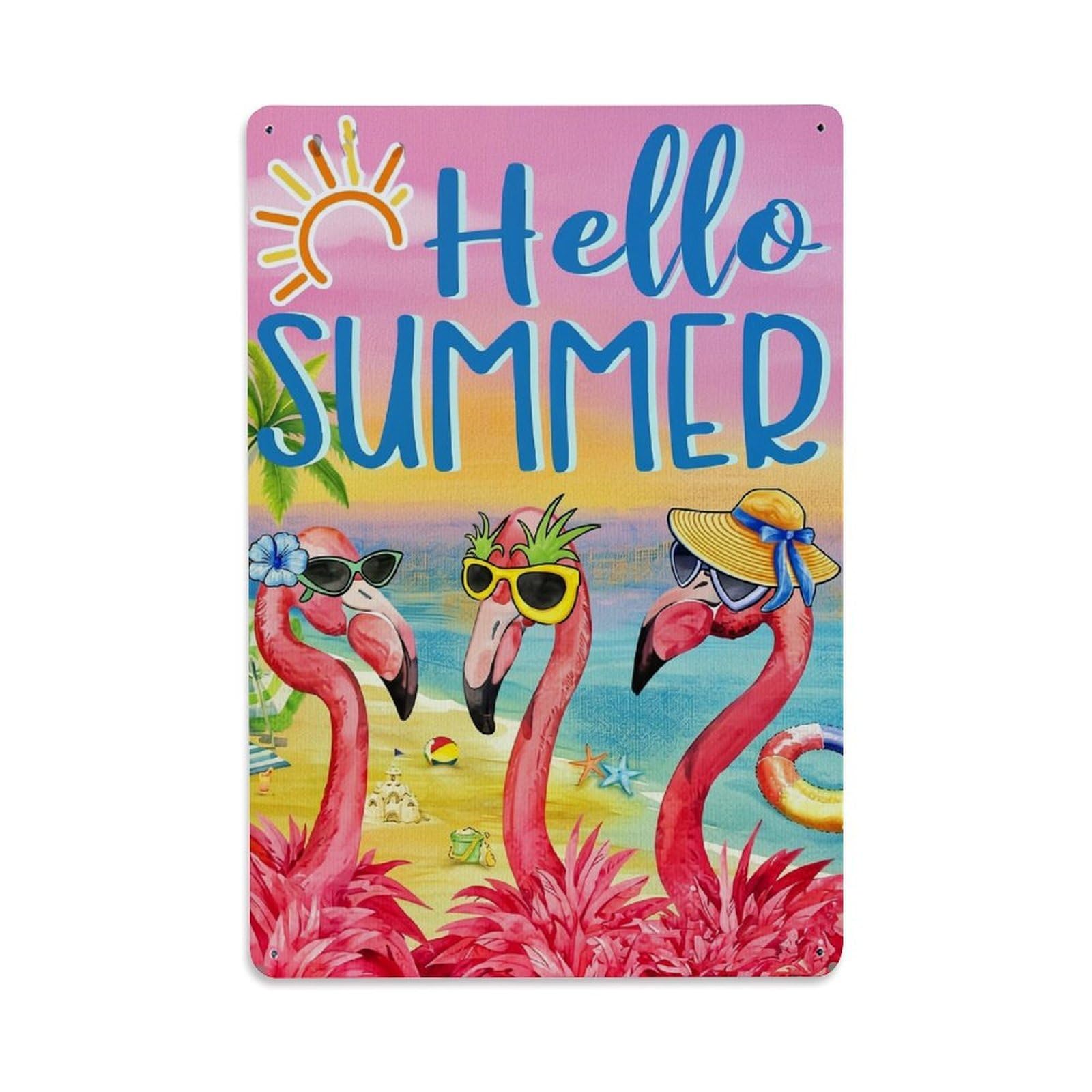 Jdfenggu Vintage Hello Summer Flamingo Beach Scene Retro Metal Tin Sign, Metal Poster For Bar, Home, Man Cave, Kitchen, Laundry Room Art Decor 8X12 Inch
