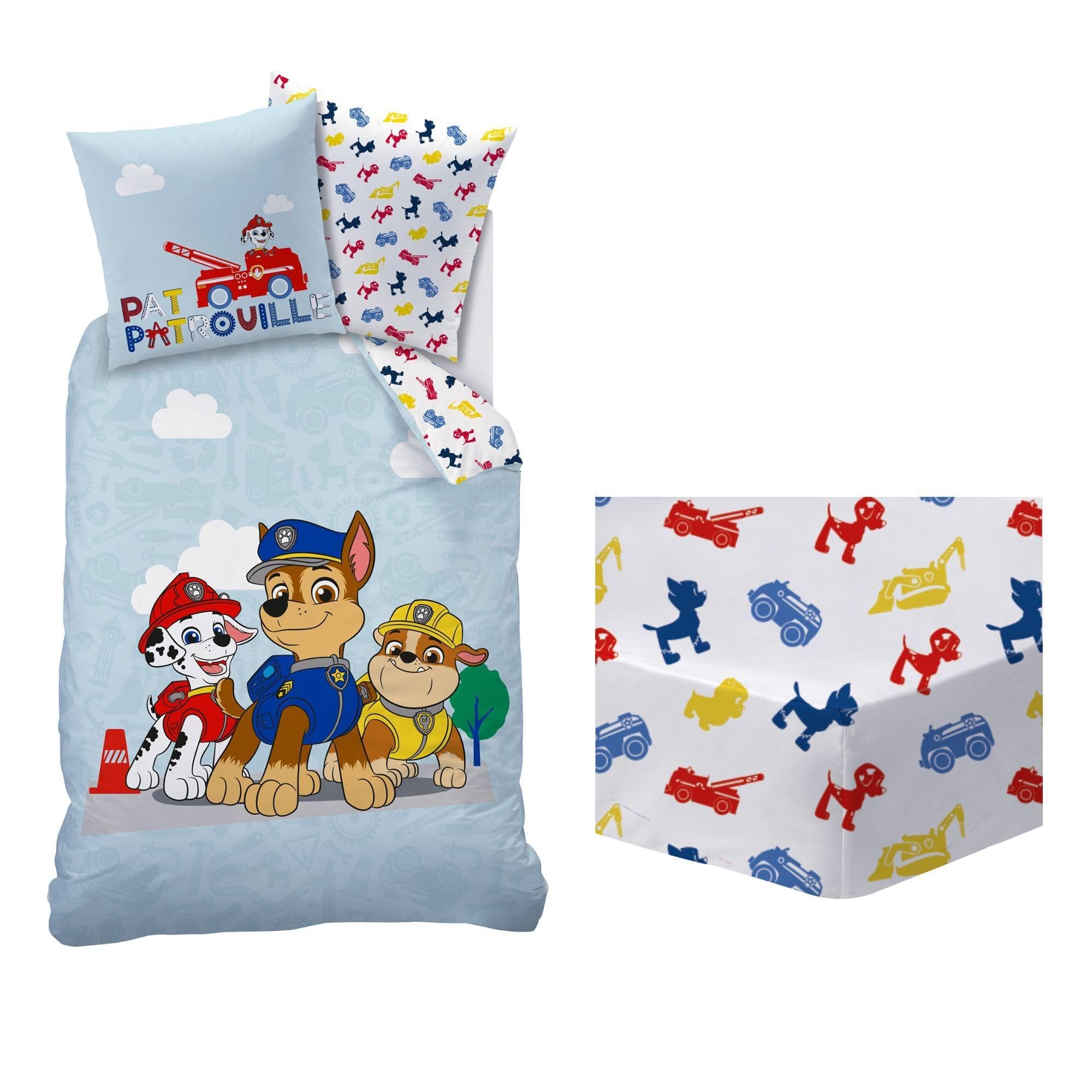 OMYDREAM Pat Patrouille PatBoy Parure de Lit et Drap Housse Enfant | 100% Coton | Oeko-TEX | Housse de Couette 140x200cm + 1 Taie d'oreiller 63x63cm + 1 Drap Housse 90x190cm | Imprimé Garçon (Bleu)
