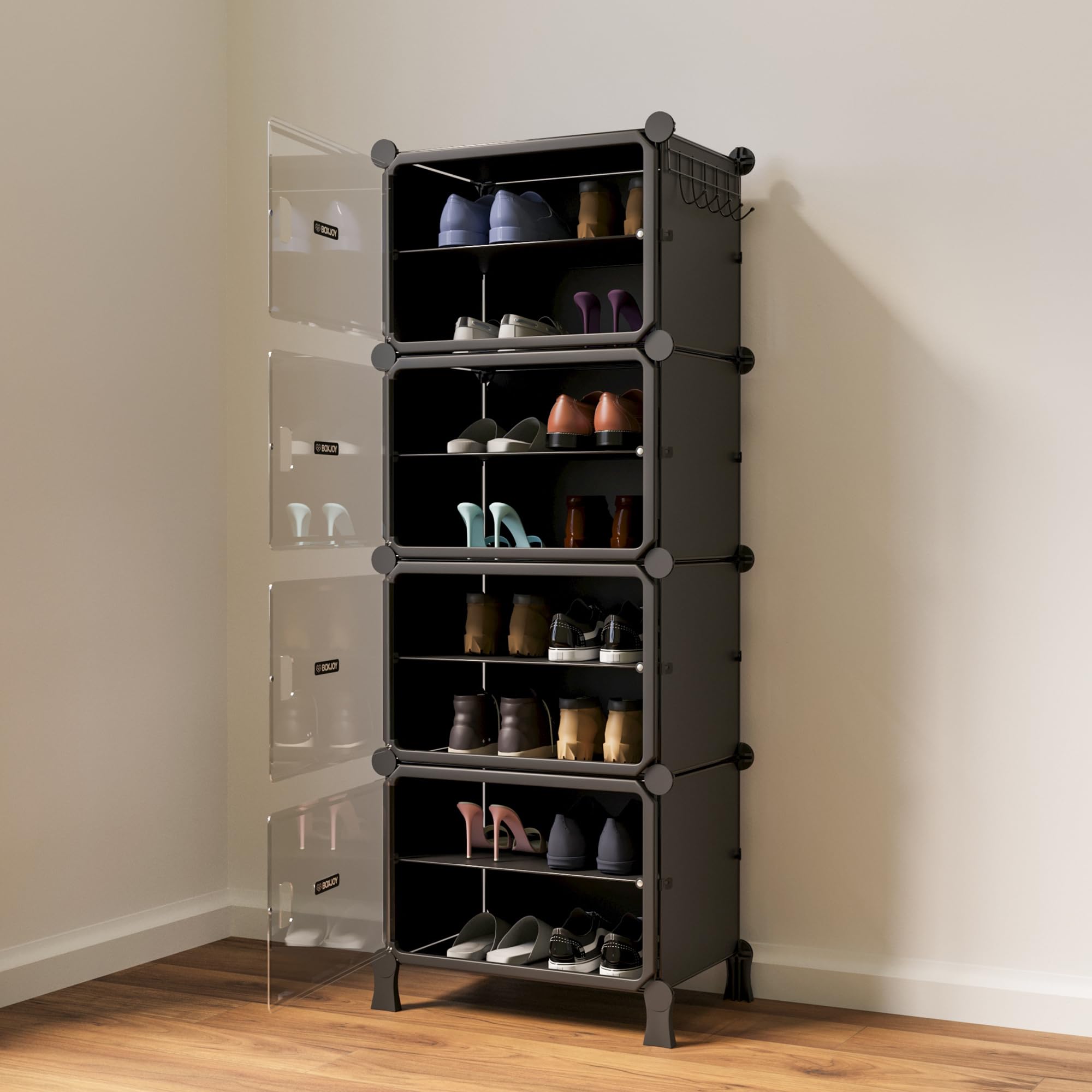 BOXJOY 8 Shelf Black Shoe Rack with 4 Transparent Doors & Steel Holder