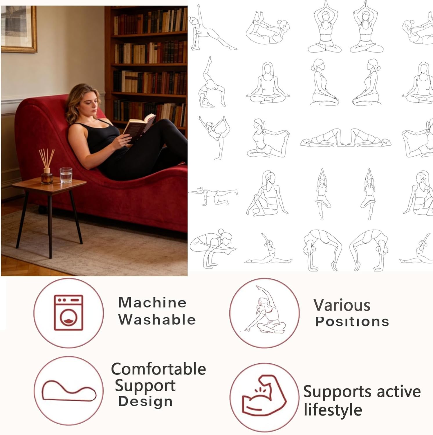 KORZEY Ergonomic Chaise Lounge with Removable & Washable for Relaxation, Exercise, Sofa Couch for Indoor Living Room, Bedroom (Red Velvet)