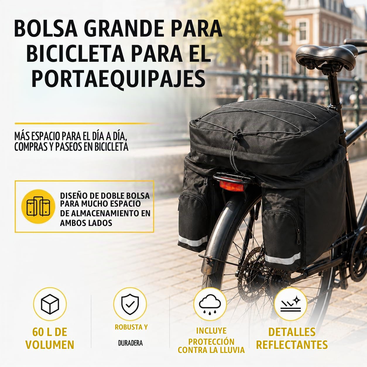 WOZINSKY Bolsa de Bicicleta, 60L con Cubierta de Lluvia, Impermeable, para Bicicleta de Carreras, 2 Compartimentos, Negro, Impresión de Letras, Montaje en Portaequipajes, Cordón