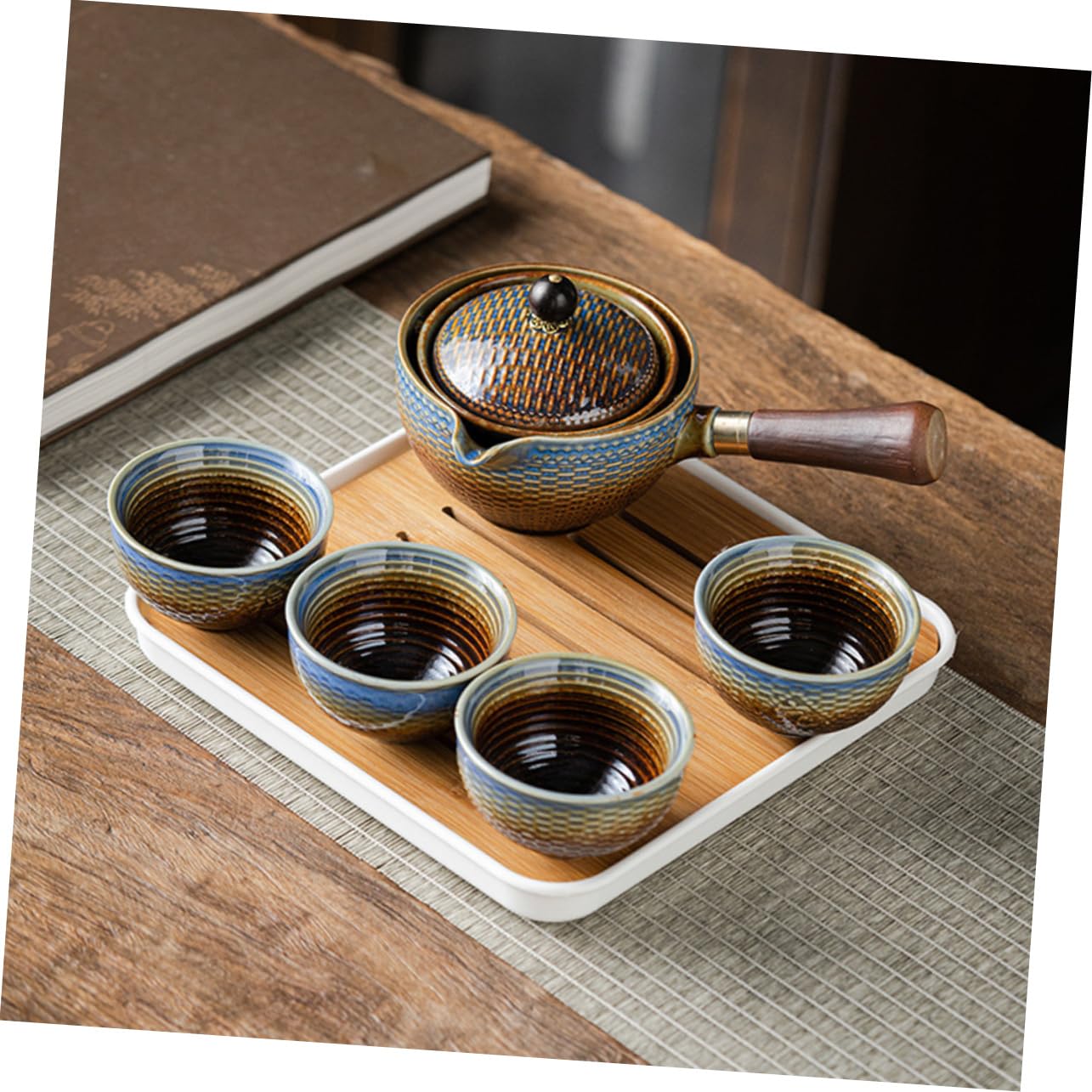 Juego de Té de Cerámica 1 Set de Viaje Portátil para Hogar | Bambú y Madera, Bolsa de Almacenamiento, Diseño Elegante, para Apasionados del Té, Formato Compacto