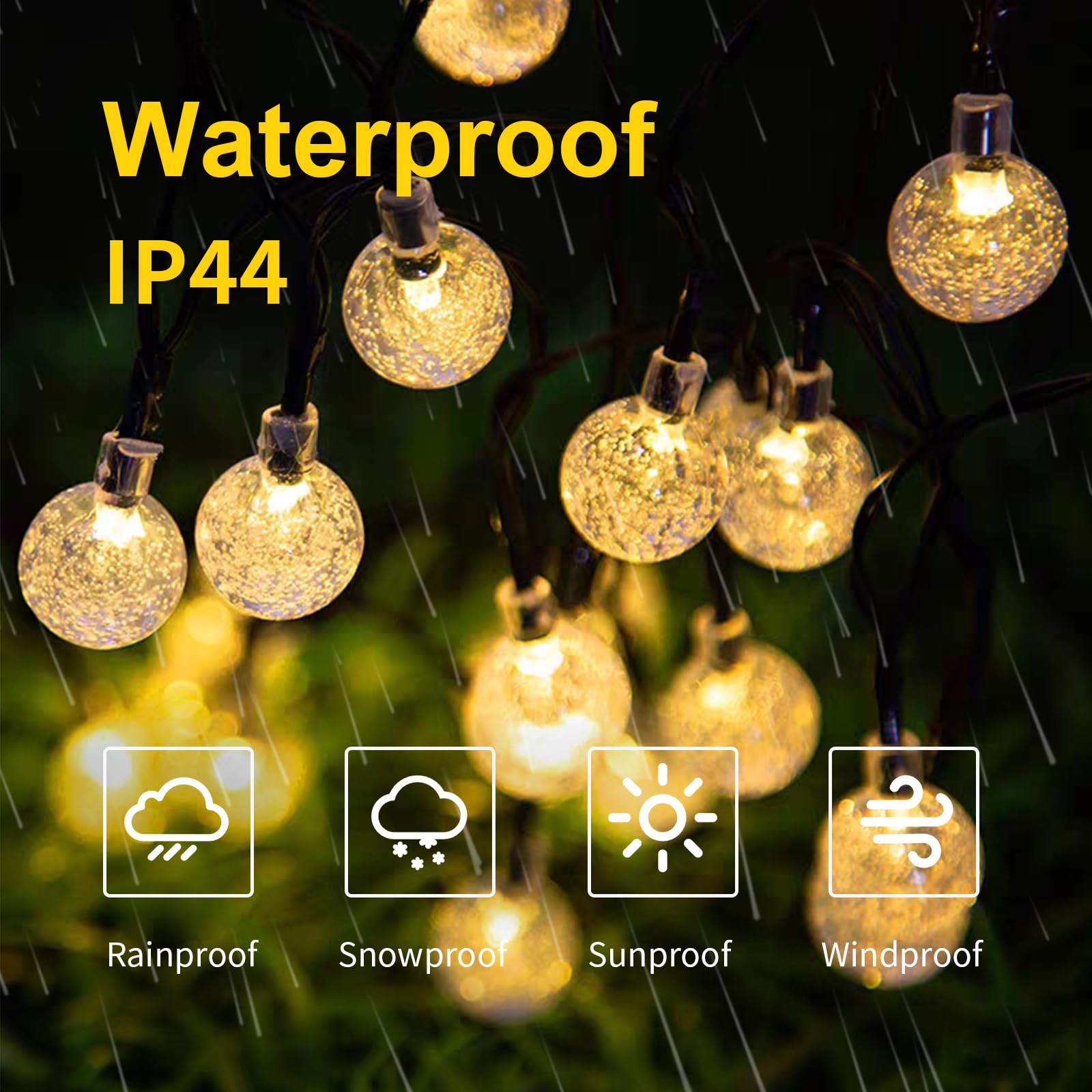 LQWELL® Catena di luci solari per esterni, giardino, luce a energia solare, sfere di cristallo, 15 LED, 5 m, IP44, 8 modalità, per esterni, giardino, terrazza (5M 15LED Bianco caldo)