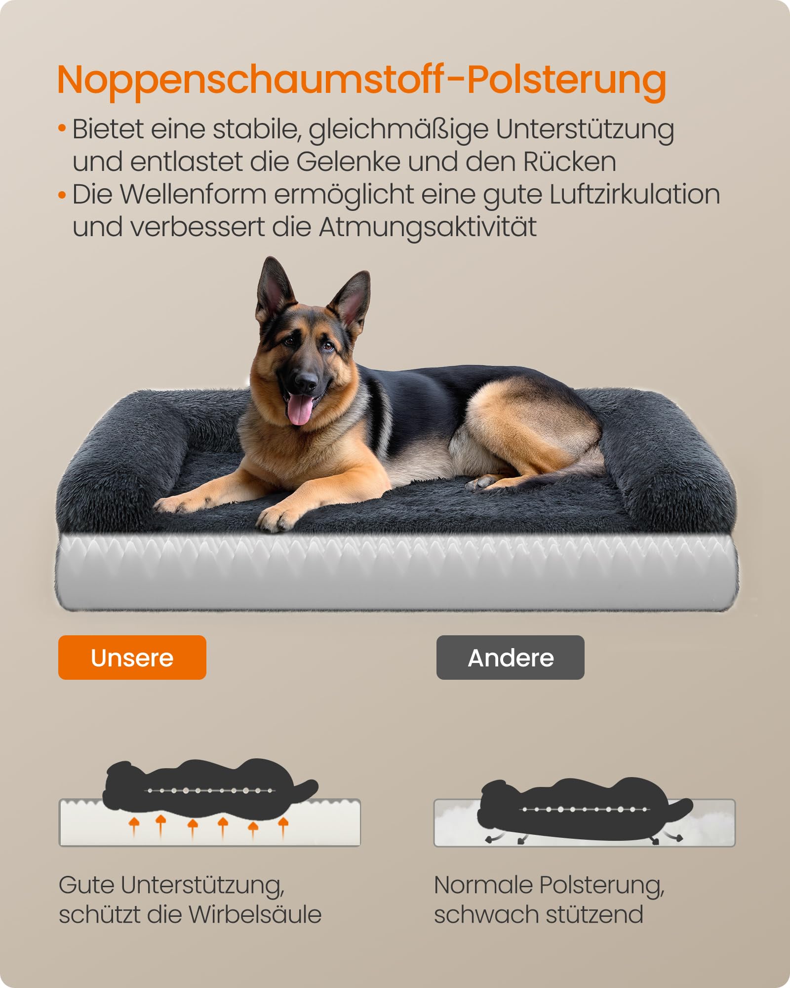 Feandrea FluffyHug Hundebett, Hundekissen Größe XXL, Hundematte für große Hunde, Hundesofa Noppenschaumstoff, Bezug abnehmbar und waschbar, 122 x 85 x 16 cm, dunkelgrau PGW234G02V1