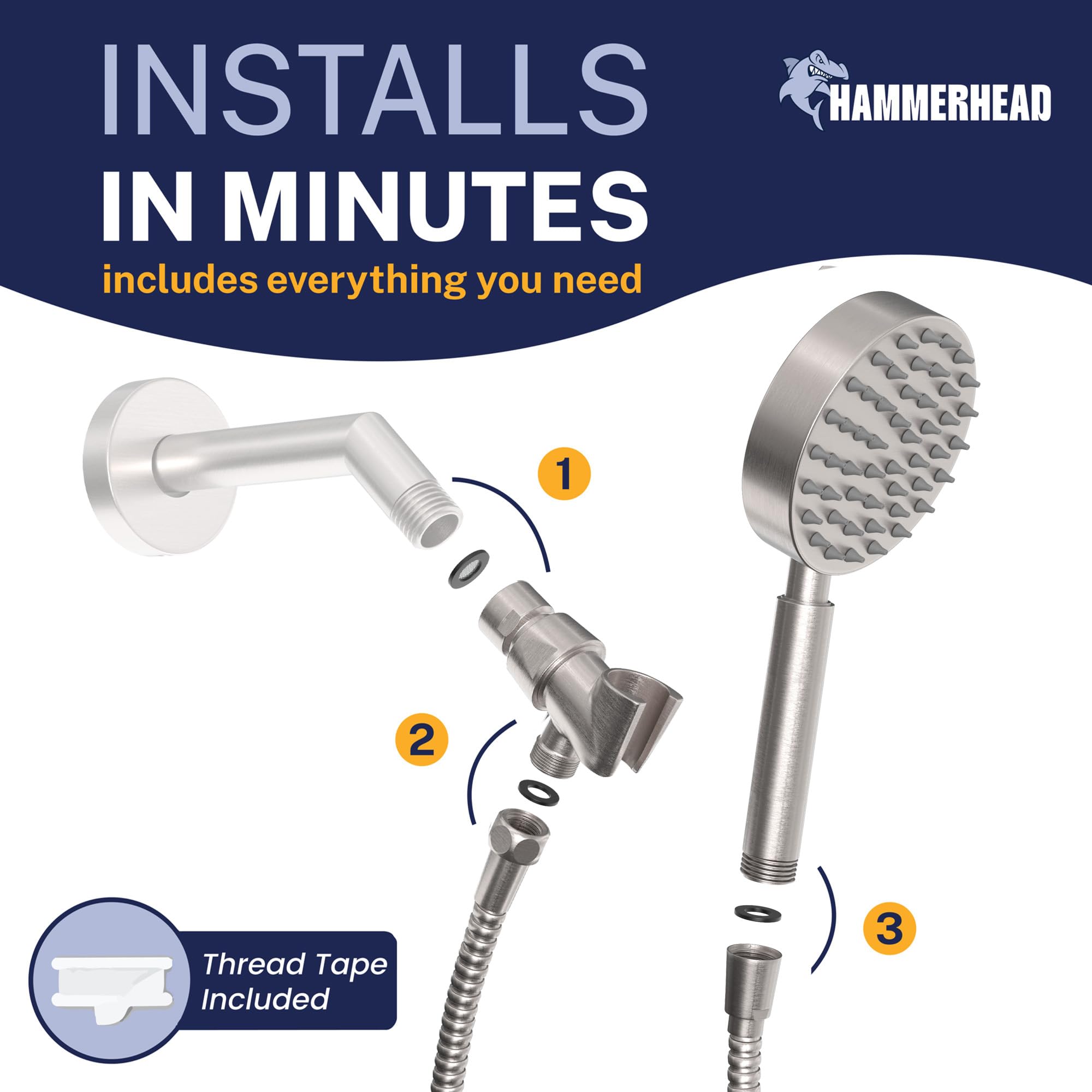 HammerHead Showers® Alcachofa de ducha de mano de metal con manguera y soporte de latón, níquel cepillado, cabezales de ducha de alta presión de 2.5 GPM con soporte de varita de ducha ajustable,