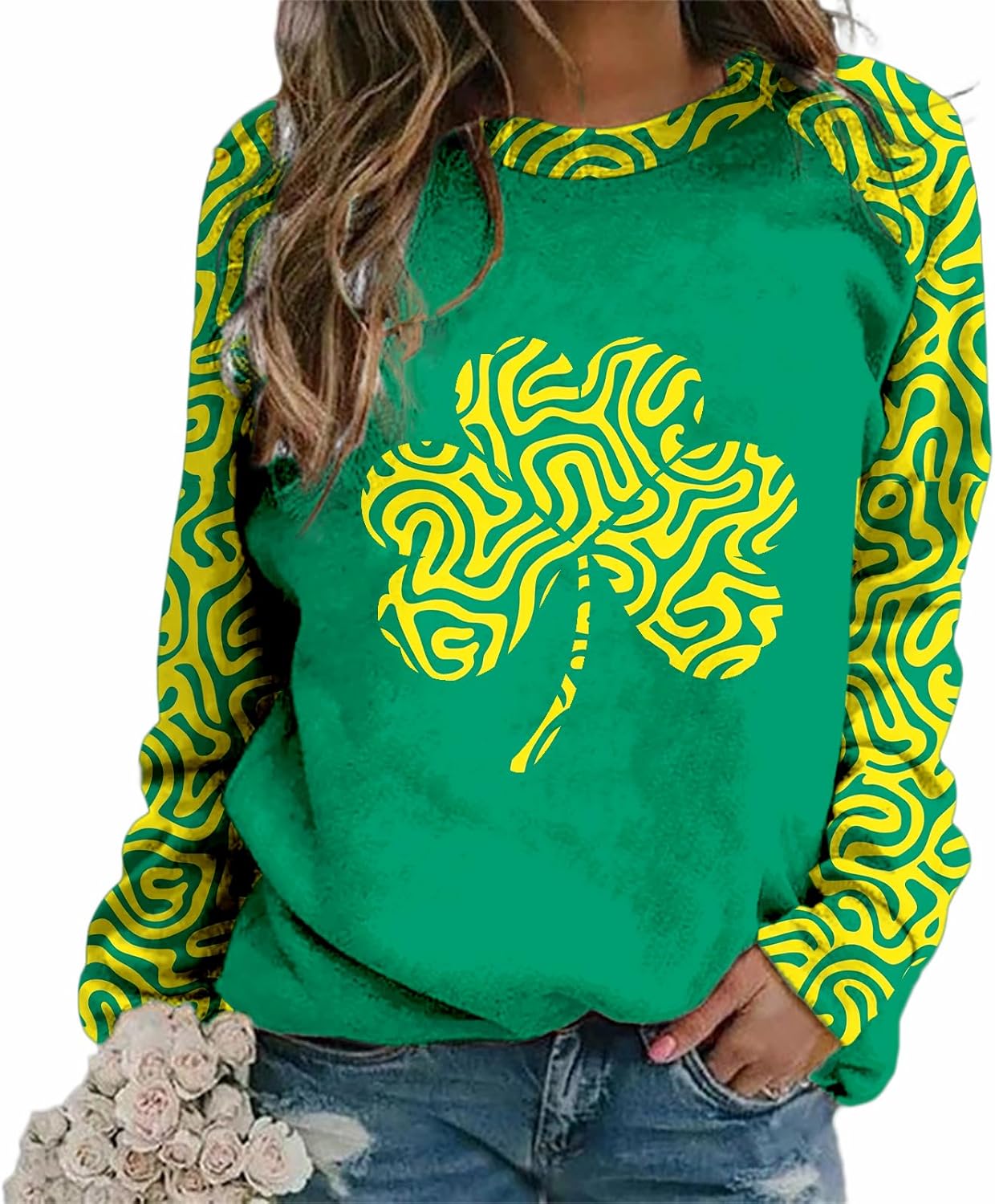 St. Patricks Day Sweatshirt Women Shamrock Print Clover Graphic Pullover Crewneck Fashion Casual Loose Fit Shirt