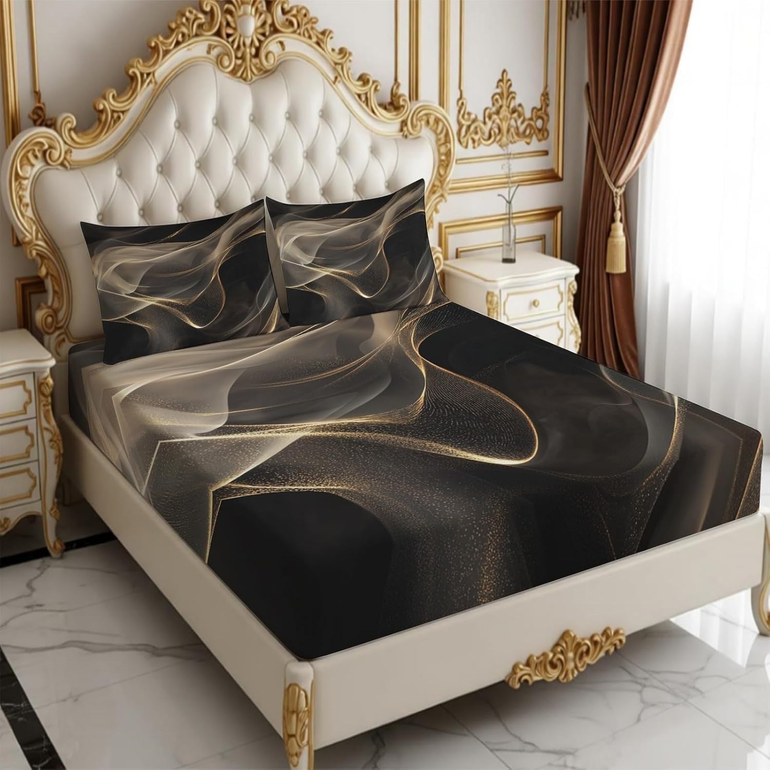 Sabana Bajera 180x200 Abstracto Sabanas Bajeras Estampadas MáRmol Dorado Sábana Bajera Ajustable Suaves, Elastico Funda Colchon con 2 Funda Almohada 50x80 cm, para Colchón de 30cm de Altura