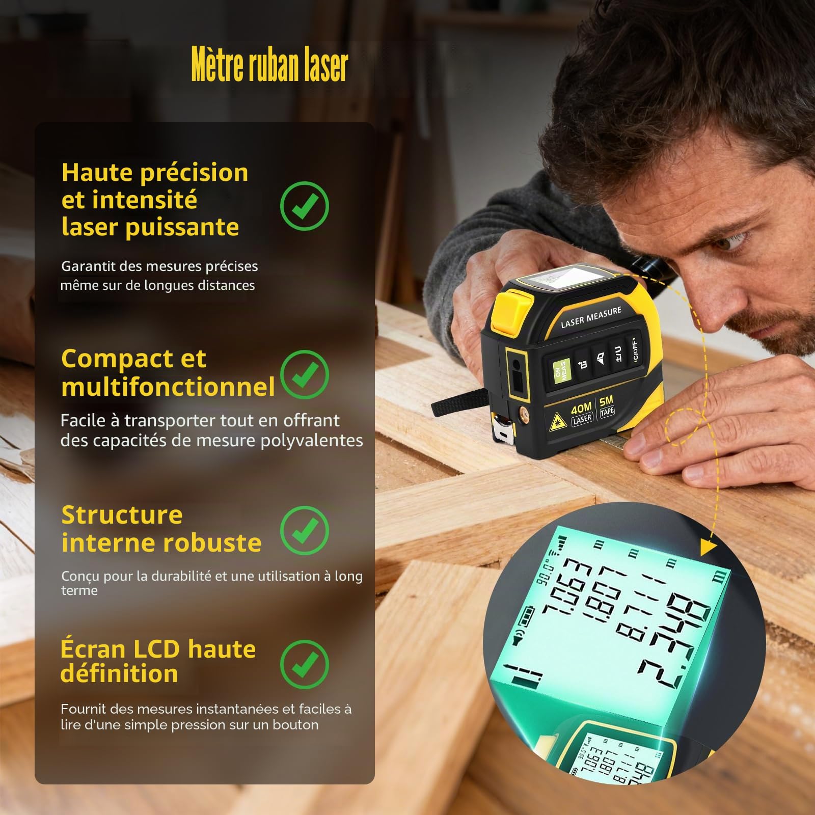 Mètre Laser 4-en-1,Télémètre Laser 40m + Ruban Digital 5m, Calcul Surface/Volume/Pythagore 1-Touche, Mémoire 50 Groupes, Unités m/ft/in, Bricolage, BTP, Professionnels