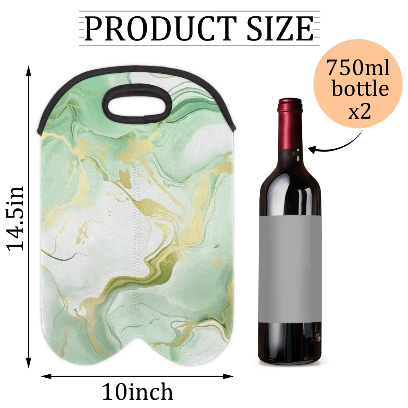 2 Bottles Abstract Green Wine Bag Sleeve Totes Luxury Abstract Fluid Neoprene Protective Wine Carrier Bag for Wine,Water, Champagne, Beer, Baby Bottles,Gift 14.5 x 10 Inches