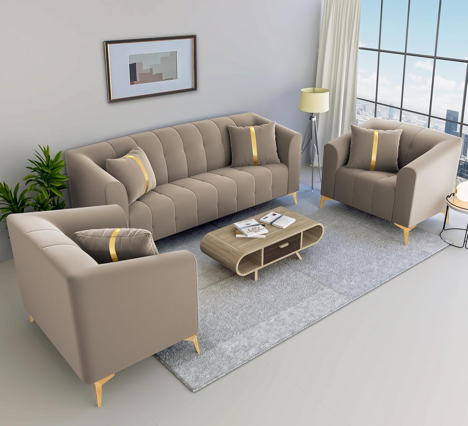 Choose It - Modern Classic 5 Seater Sofa Set, 3+1+1 Seater, Chesterfield Style Sofa Button Tufted Design Living Room, Bedroom, Hallways and Office, (Beige, 3+1+1 Seater), Fabric-image-32
