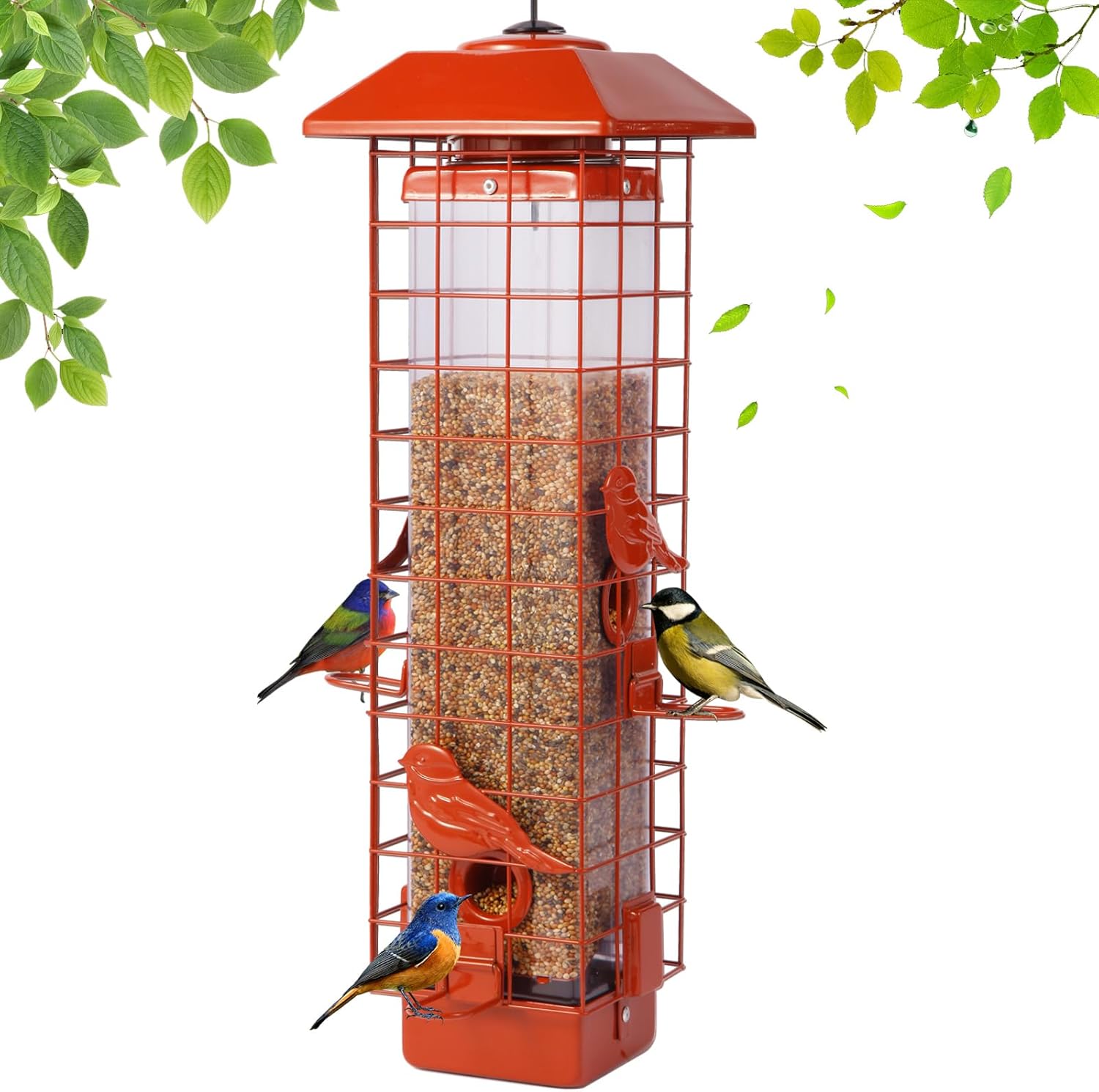 Squirrel Proof Bird Feeder, Metal Mesh Bird Feeder for Outside, Large Capacity and 4 Ports Perches (Orange)