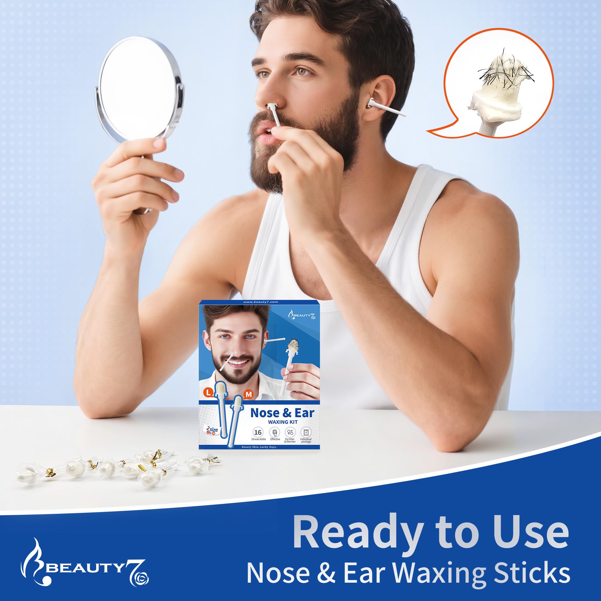 Kit de Cera para Depilación de Nariz y Orejas para Hombres y Mujeres, 16 Varillas Preenvasadas Indoloras con 2 Tamaños, Uso en Casa y Viaje, Rápido y Seguro Beauty7