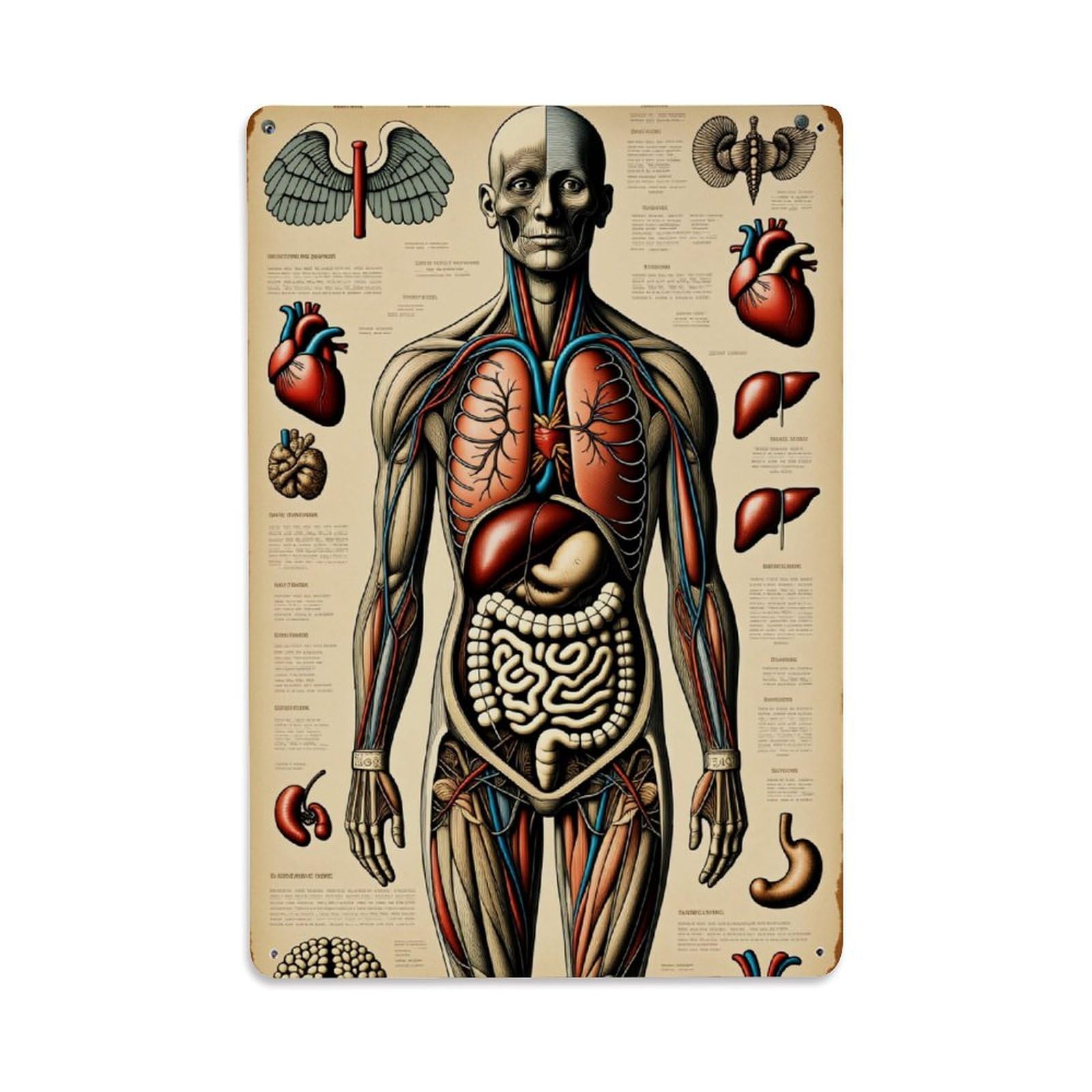 Anatomical Human Body Diagram Retro Metal Tin Sign, Vintage Decor Art Poster for Bar, Home, Man Cave, Kitchen, Laundry Room Gift 8x12Inch
