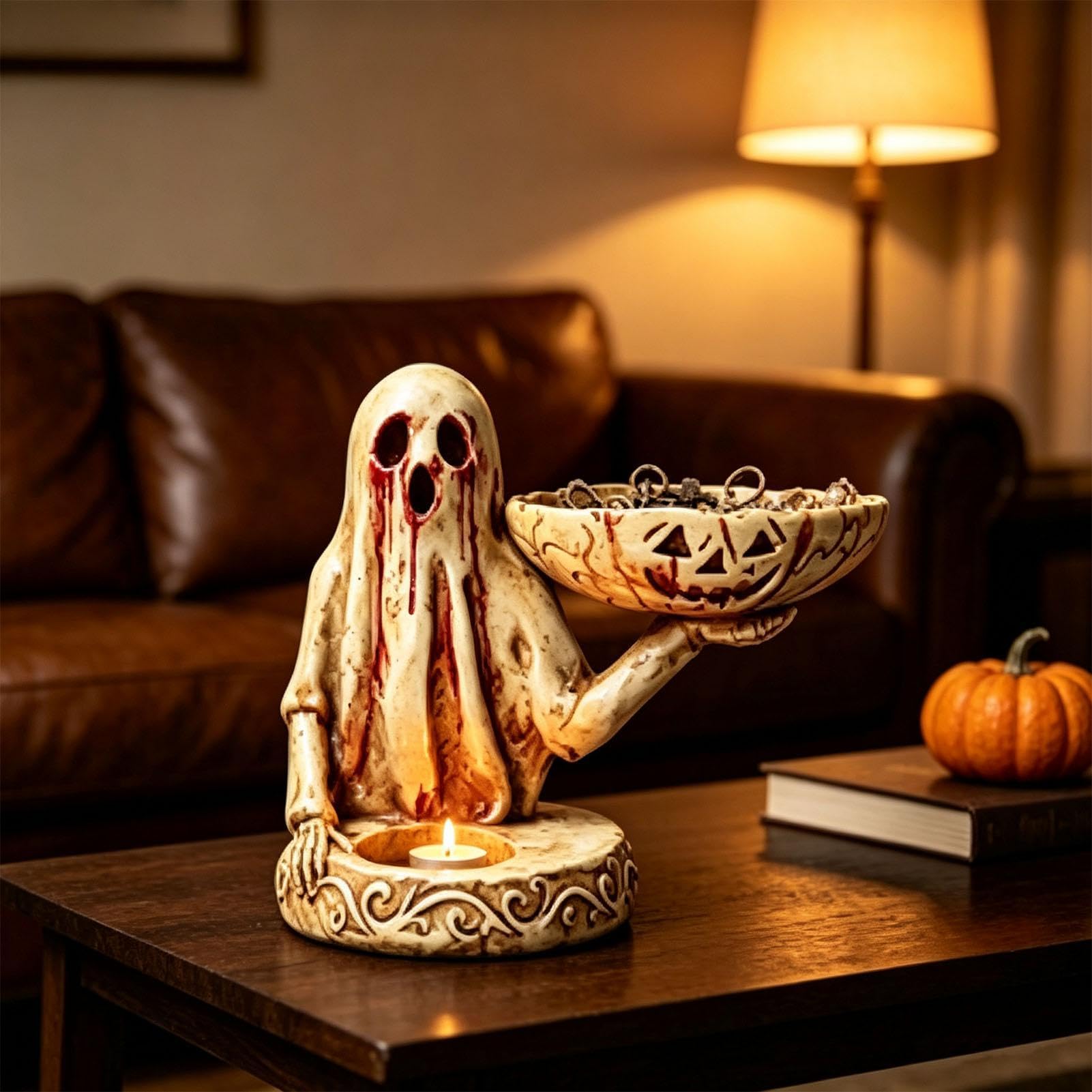 Candle Holder Horror Ghost Shape – Desk Decor with Tray Tealight Candle for