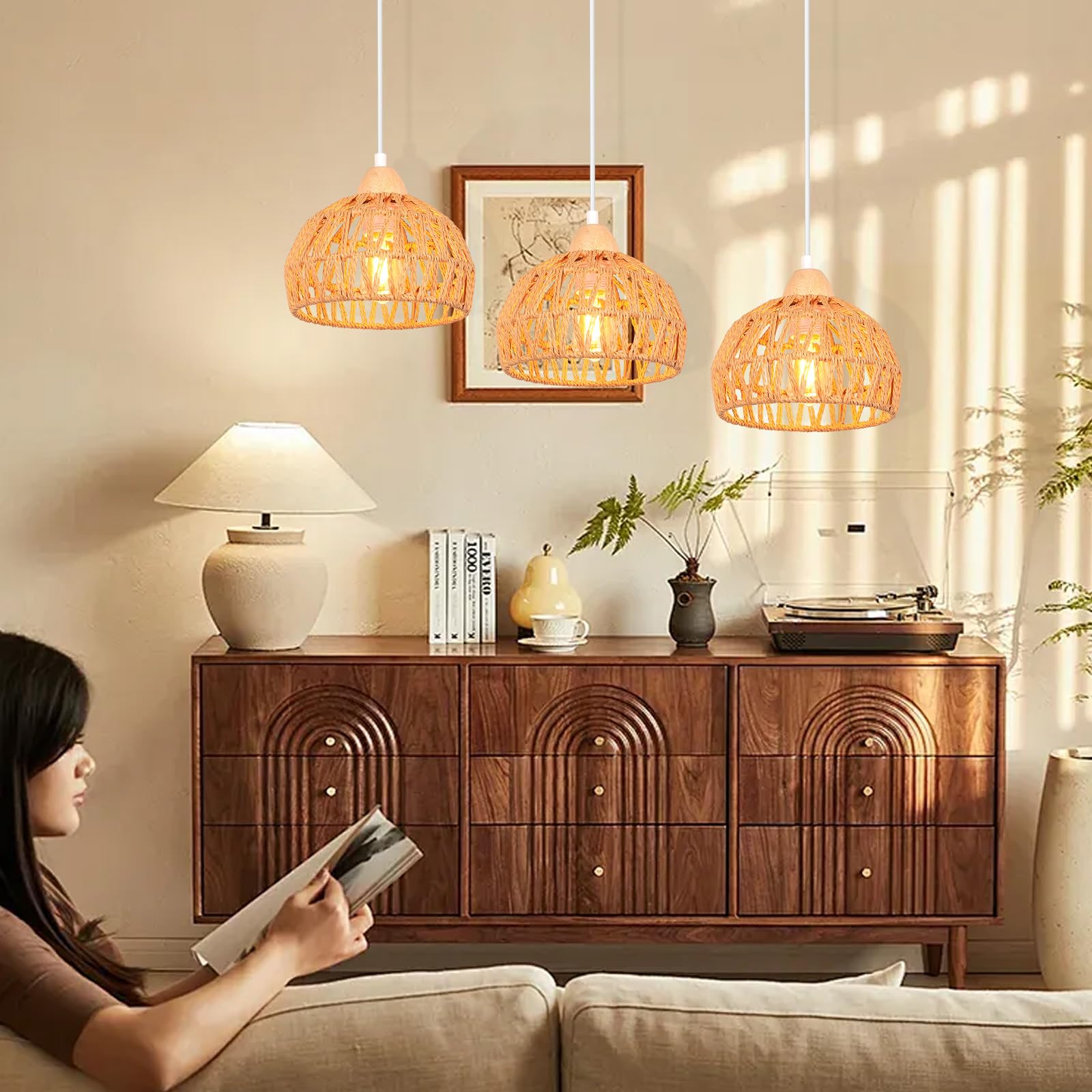iDEGU Lampa wisząca vintage 3-żarówkowa żyrandol z drewna i rattanu, abażur 20 cm, E27, lampa wisząca, dekoracja, retro, do jadalni, sypialni, salonu, kuchni (brązowa, belka)