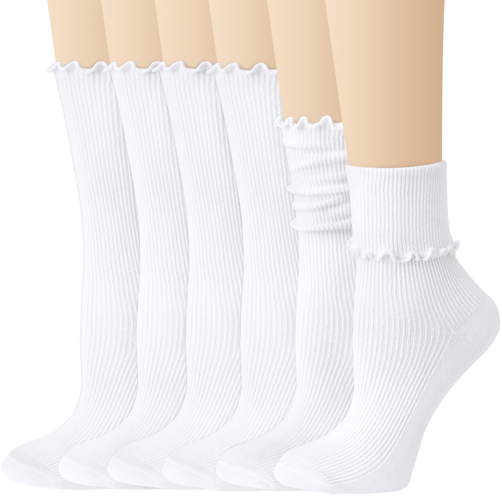 Justay 6 Pairs Ruffle Socks Soft Cute Frilly Turn-Cuff Long Casual Slouch Cotton Crew Socks for Women Gifts