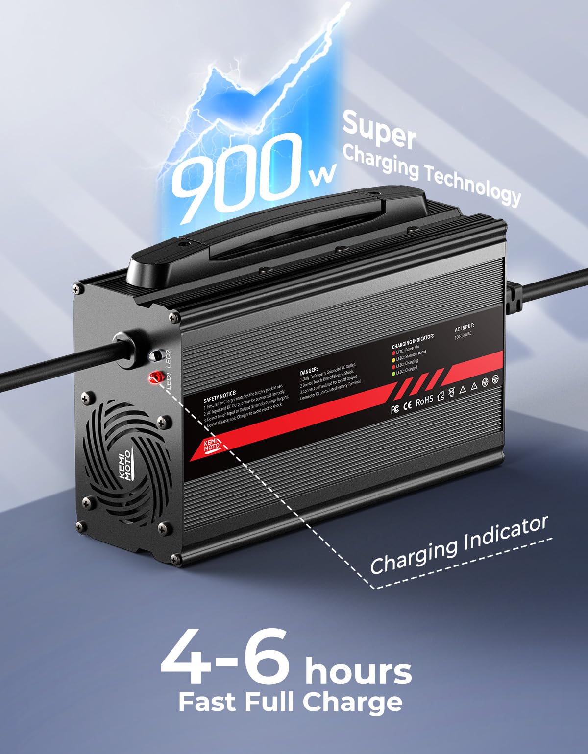 KEMIMOTO Caricatore universale per carrello da golf da 48 V, batteria al litio da 15 A, 51,2 V-58,4 V, Lifepo4, caricabatterie da golf cart da 48 Volt, protezione da sovraccarico, completo in 4-6 ore