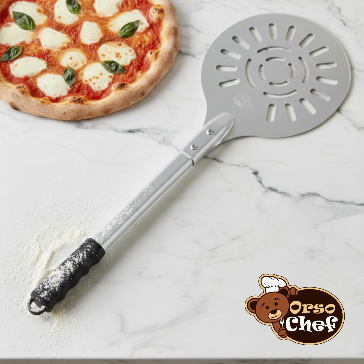 Pala para pizza de aluminio perforada, diámetro 25 cm, ligera, resistente a los arañazos, ideal para hornos domésticos, perfecta para dar la vuelta y cocinar pizza, pan, focaccia