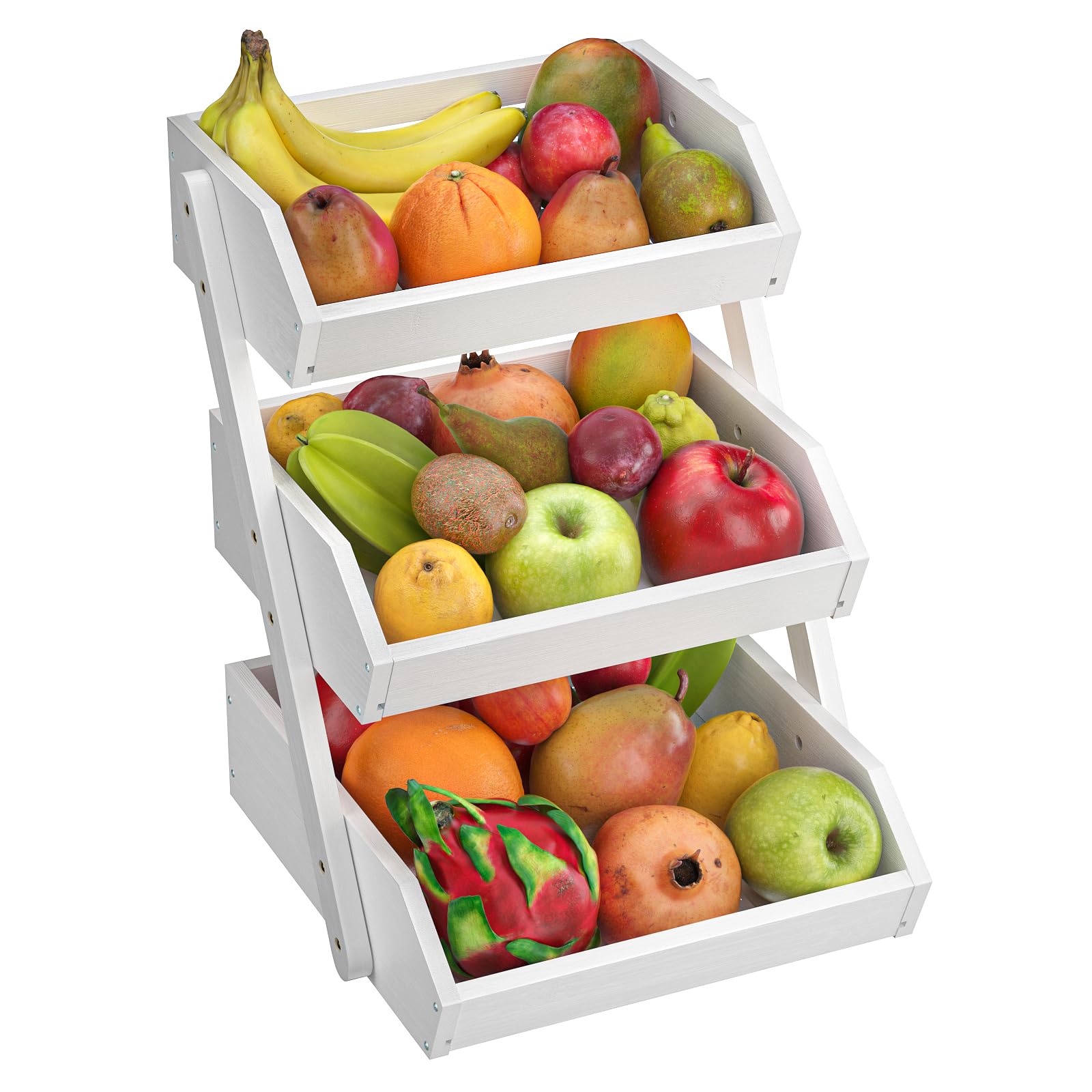 Supporto per Cesto di Frutta in bambù a 3 Livelli, Supporto per Verdure e Pane per ripiano della Cucina, Bianco