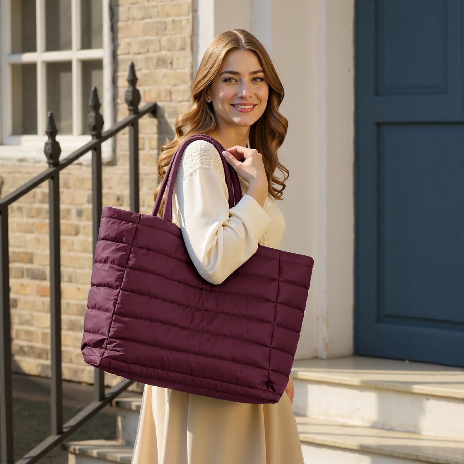 [2-in-1 Set with FREE Crossbody] Puffy Tote Bag for Women, Large Quilted Shoulder Bag with Wide 3.9CM Adjustable Strap, Lightweight Casual Purse for Shopping, Weekend, Travel (Burgundy) - Image 3