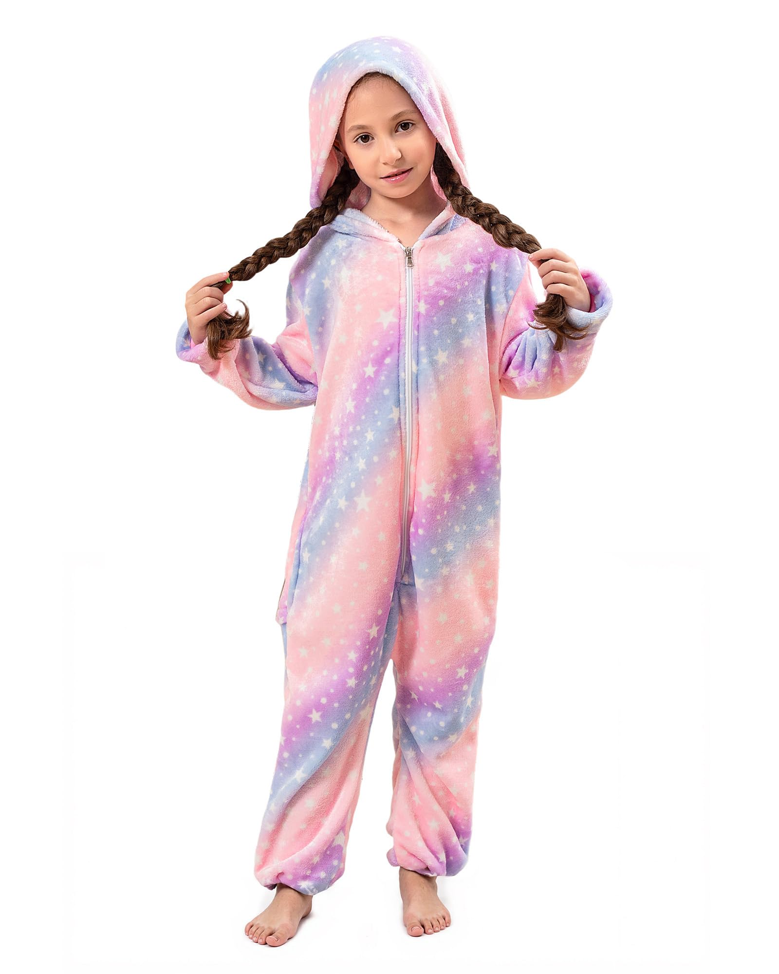 KAKU NANU Wärmender Kinder-Fleece-Overall mit Regenbogen Muster–Bequemer Einteiler mit 2 Taschen für Mädchen (2-10 Jahre)