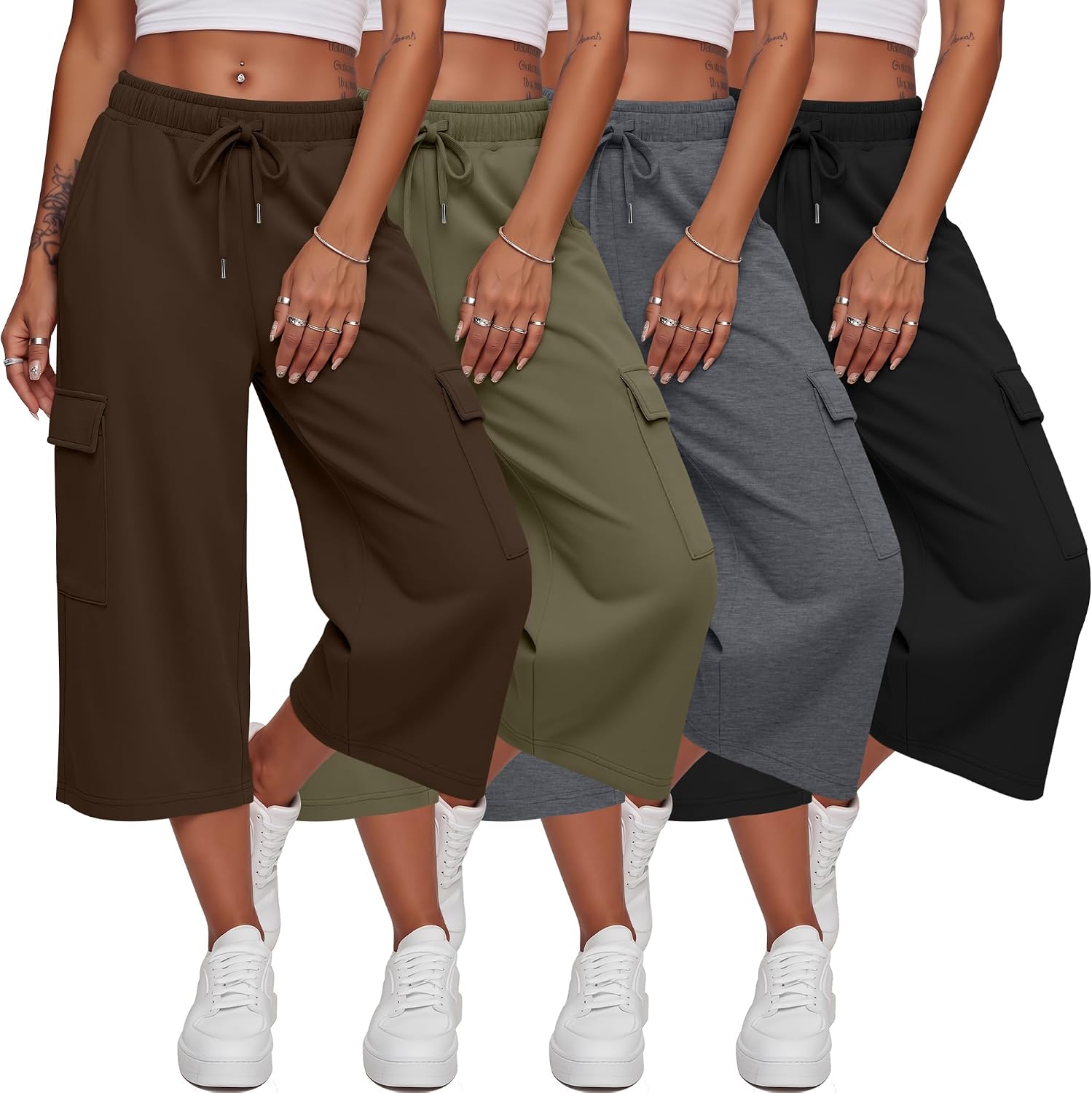 4 Pack Women's Capri Sweatpants Wide Leg Cargo Capris Elastic Waist Drawstring Loose Cropped Pants with 4 Pockets