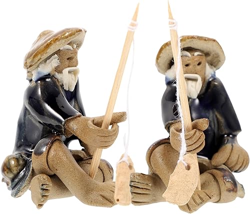 Miniatura 7 de Yardwe 2 mini figuras de pescador, figura miniatura de bonsái de pescador de cerámica, adorno de estatua de jardín de pesca sentado para decoración