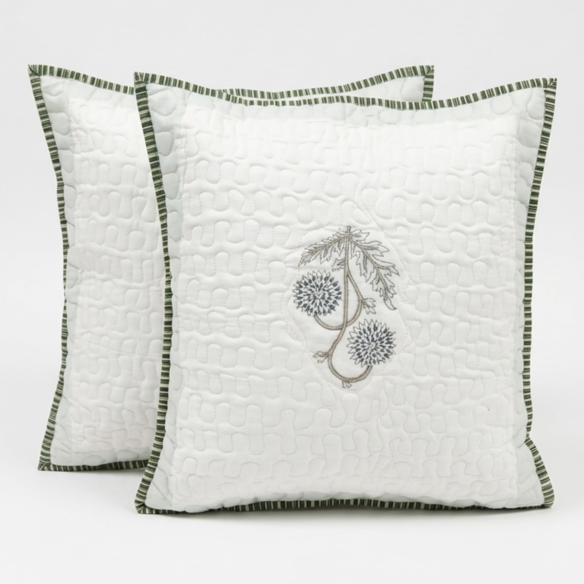 Cotton Quilted Cushion Cover, White with Floral Block Print (White and Green, 16 X 16 Inch)-image-48