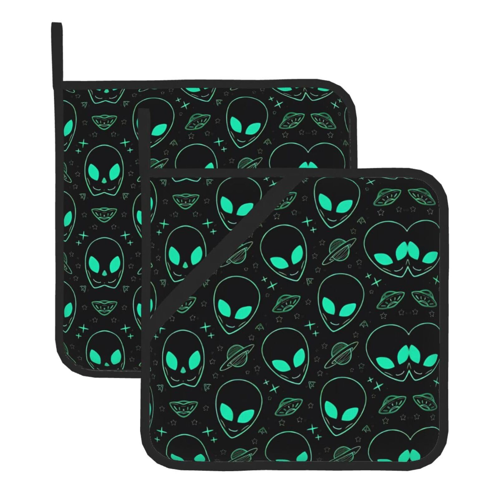 WHJSSF Aliens Prints Square Pot Holders - Heat Resistant Kitchen Trivets 2-Pack - Waterproof Covers for Hot Dishes, Oven & Grill with Hanging Loop