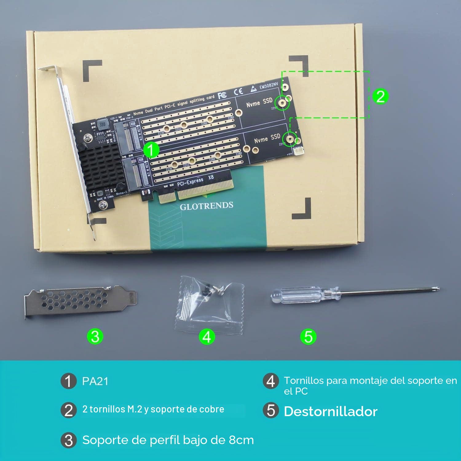GLOTRENDS PA21 Dual Adaptador M.2 NVMe a PCIe 4.0 X8 sin bifurcación PCIe, configuración de Raid M.2 NVMe Mediante Herramienta del Sistema operativo (Compatible con tamaños 22110/2280)