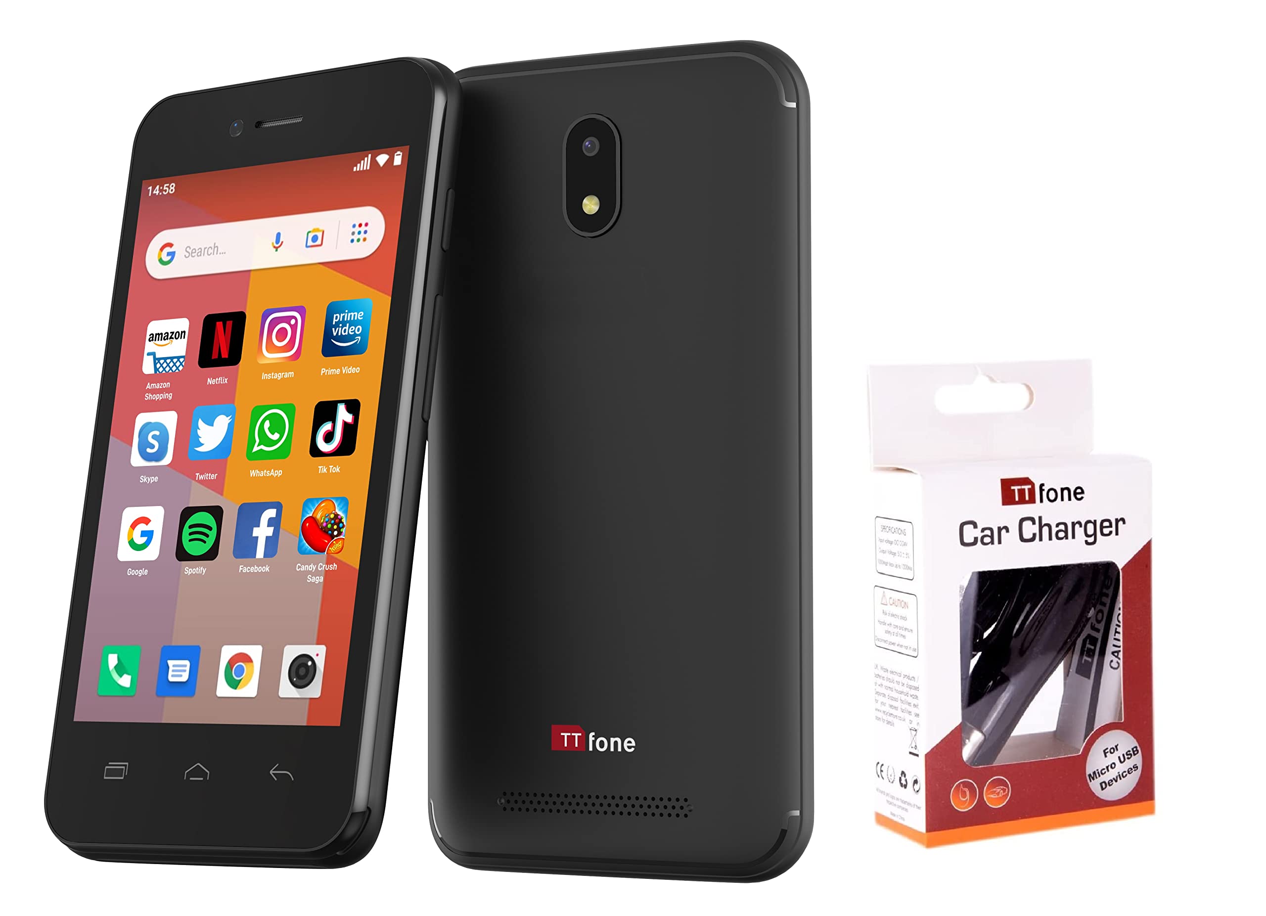 TTfoneTT20 Smart 3G Mobile Phone with Android GO - 8GB - Dual Sim - 4Inch Touch Screen (with USB Cable and in Car Charger)