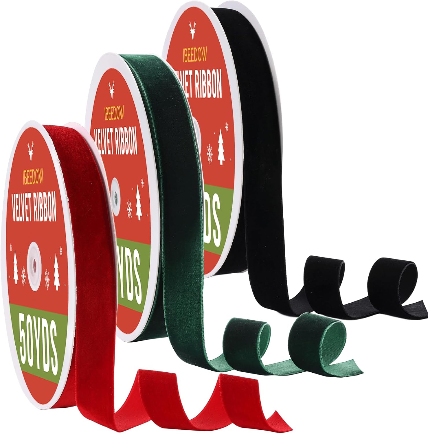 3 Rolls Velvet Ribbon Set 1" x 50Yards for Christmas Tree Single Face Vintage Velvet Ribbon for Christmas Wreath Decoration DIY Craft Gift Wrapping & Bow Making (Black, Dark Green, Red) BGR-3pcs 1” x 50yds