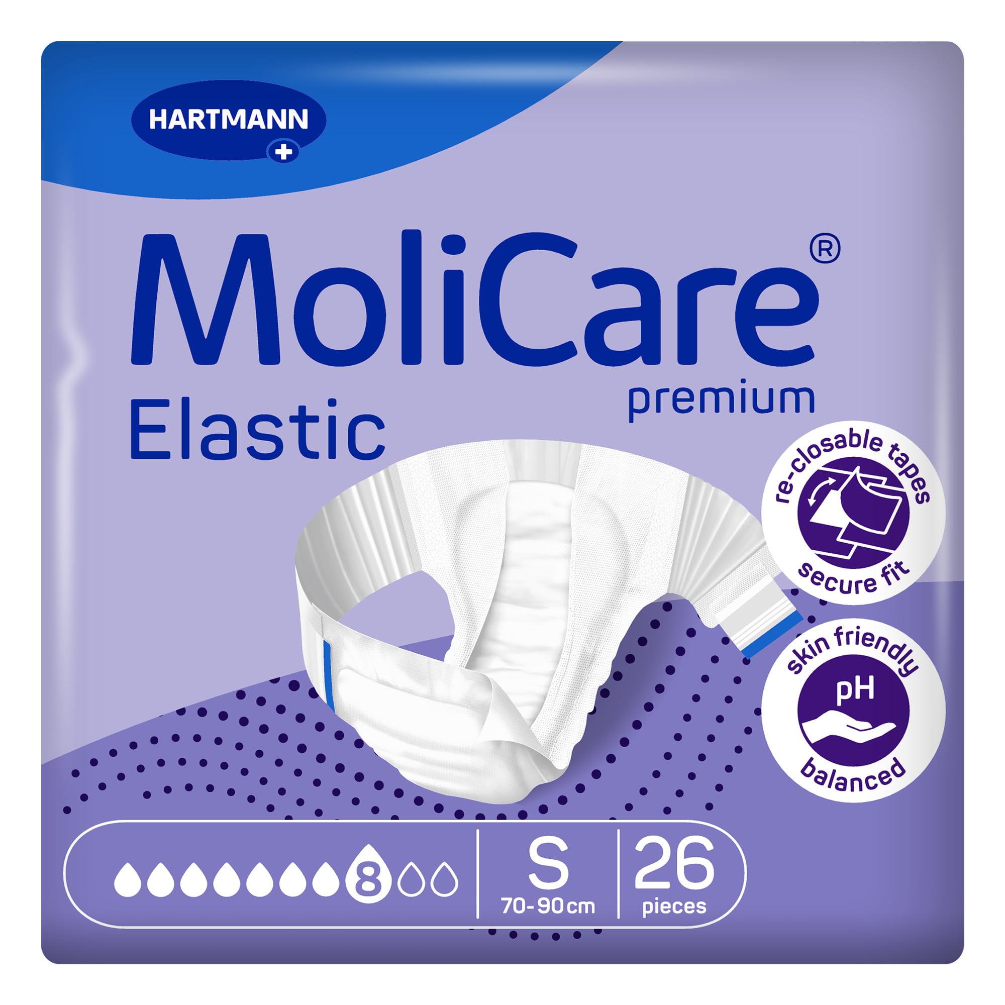 MoliCare Premium Elastic Adult Nappies – 8 Drops | High-Absorbency Disposable Diapers for Men and Women with Severe Incontinence| Size S | Pack of 26