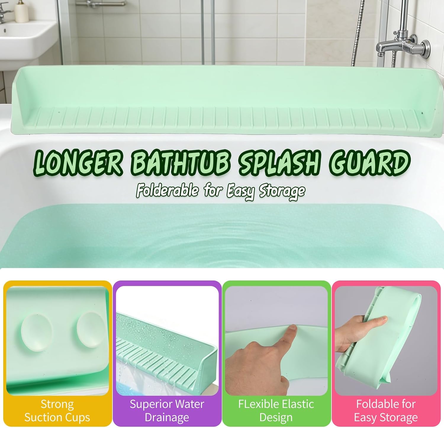 Bathtub Splash Guard for tub Kids& Bath Shelf for Kids – Toddler Bath Tray, Bath Toys Storage & Ledge Organizer – Splash Guard for Bathtub with Suction Cups – Kids Bathroom Accessories(2.6FT, Green)