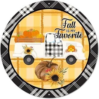 Round Metal Tin Sign Fall Is My Favorite Buffalo Plaid Pumpkin Vintage Wreath Sign Distressed Pub Pub Sign Plaque Nostalgic Metal Poster for Workshop Fall Thanksgiving Day Decoration 9 Inch