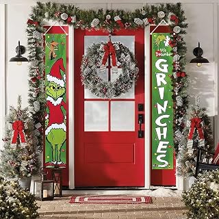 Christmas Banner - Christmas Decorations Outdoor Yard: Cute Green White Front Porch Sign Set, Funny Thief Christmas Door Banner, Merry Grinchmas Decor for Home School Office Indoor Wall Garage Yard Outside