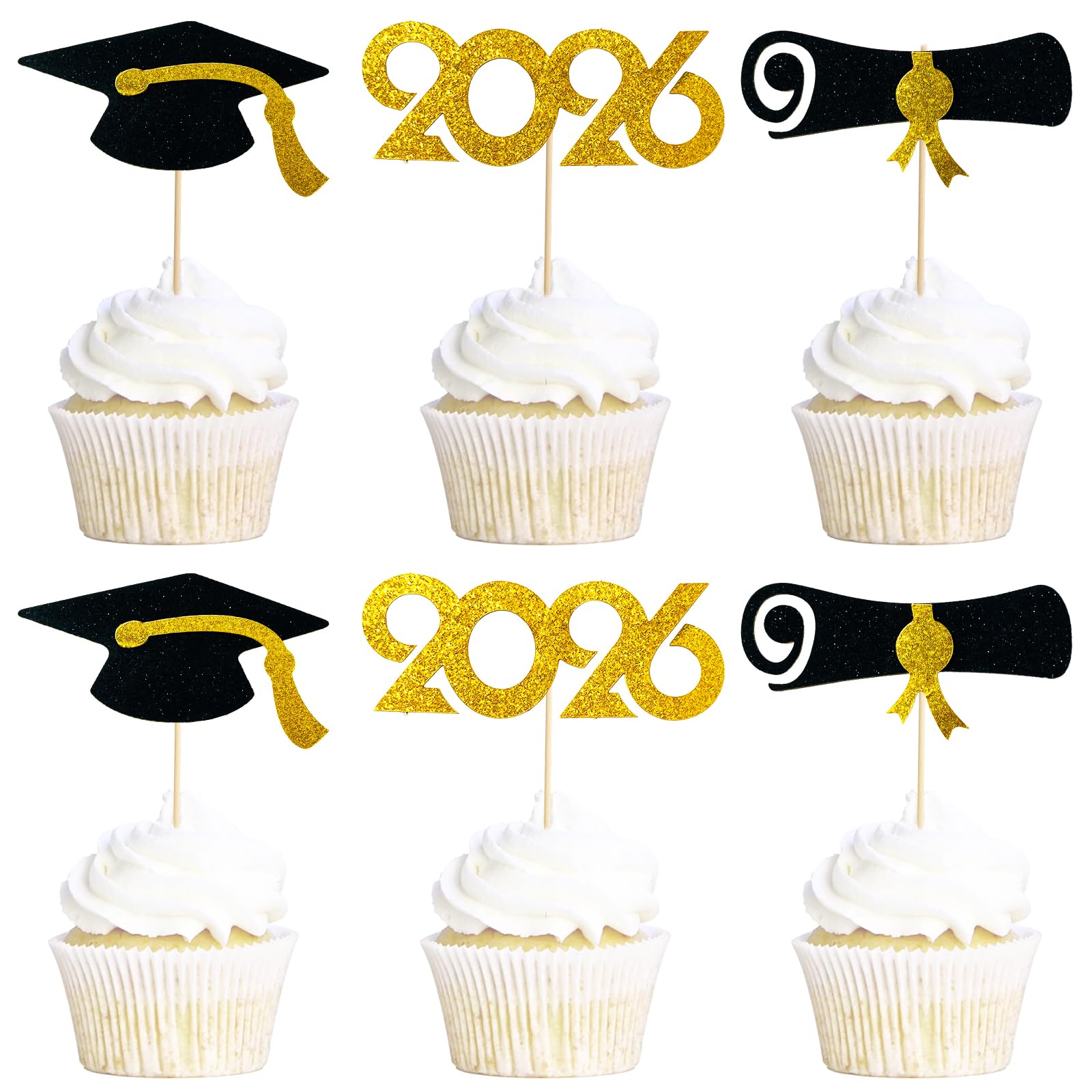Photo 1 of 2026 Graduation Cupcake Toppers 48 Pack, Pre-Assembled Food & Appetizer Picks, Black Gold Grad Cap & Diploma Cupcake Decorations for Graduation Party